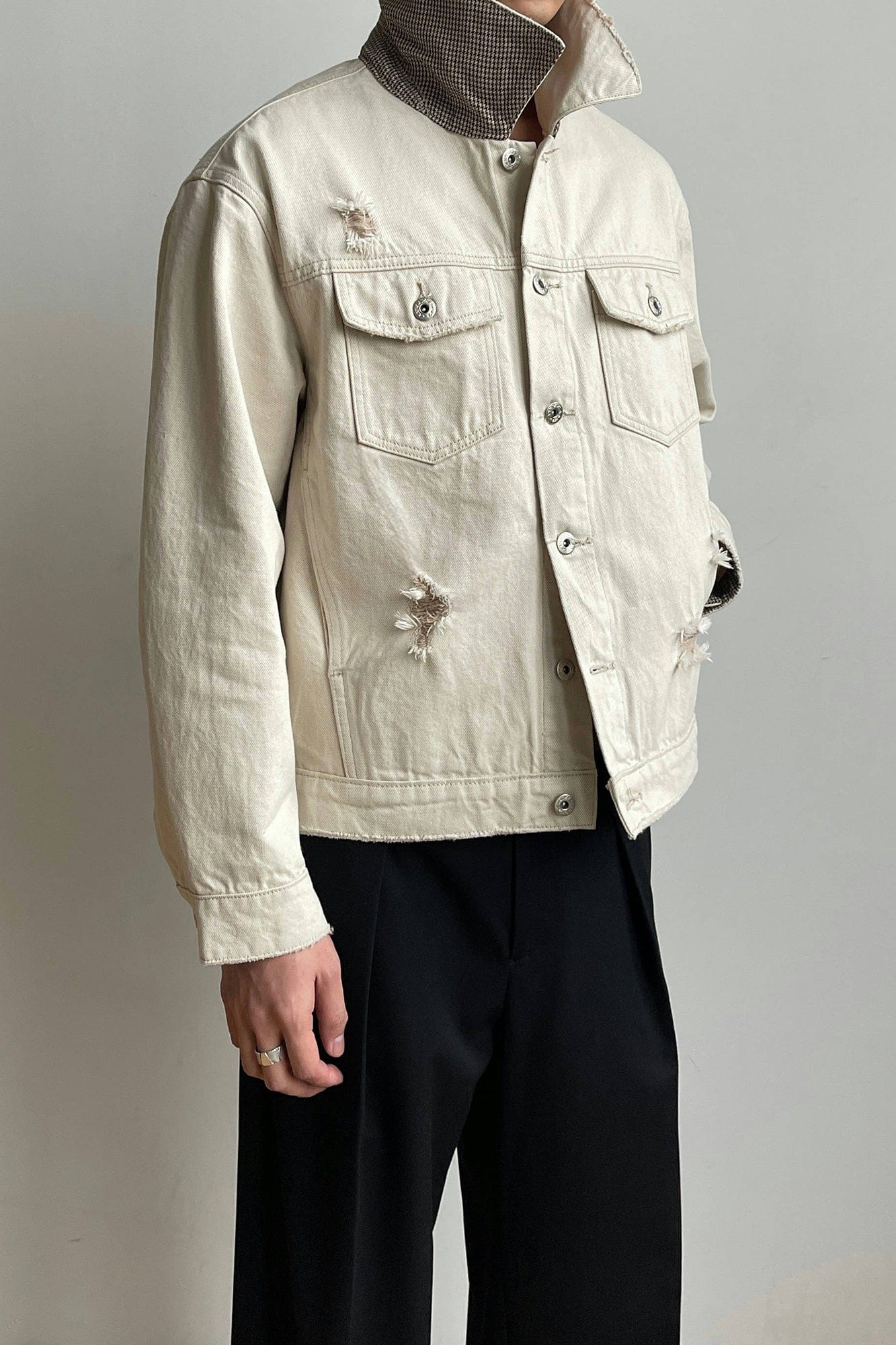 OKAYTHXBYE Distressed Houndstooth-Lined Frayed Jacket-Jacket-S-Free Shipping Leatheretro