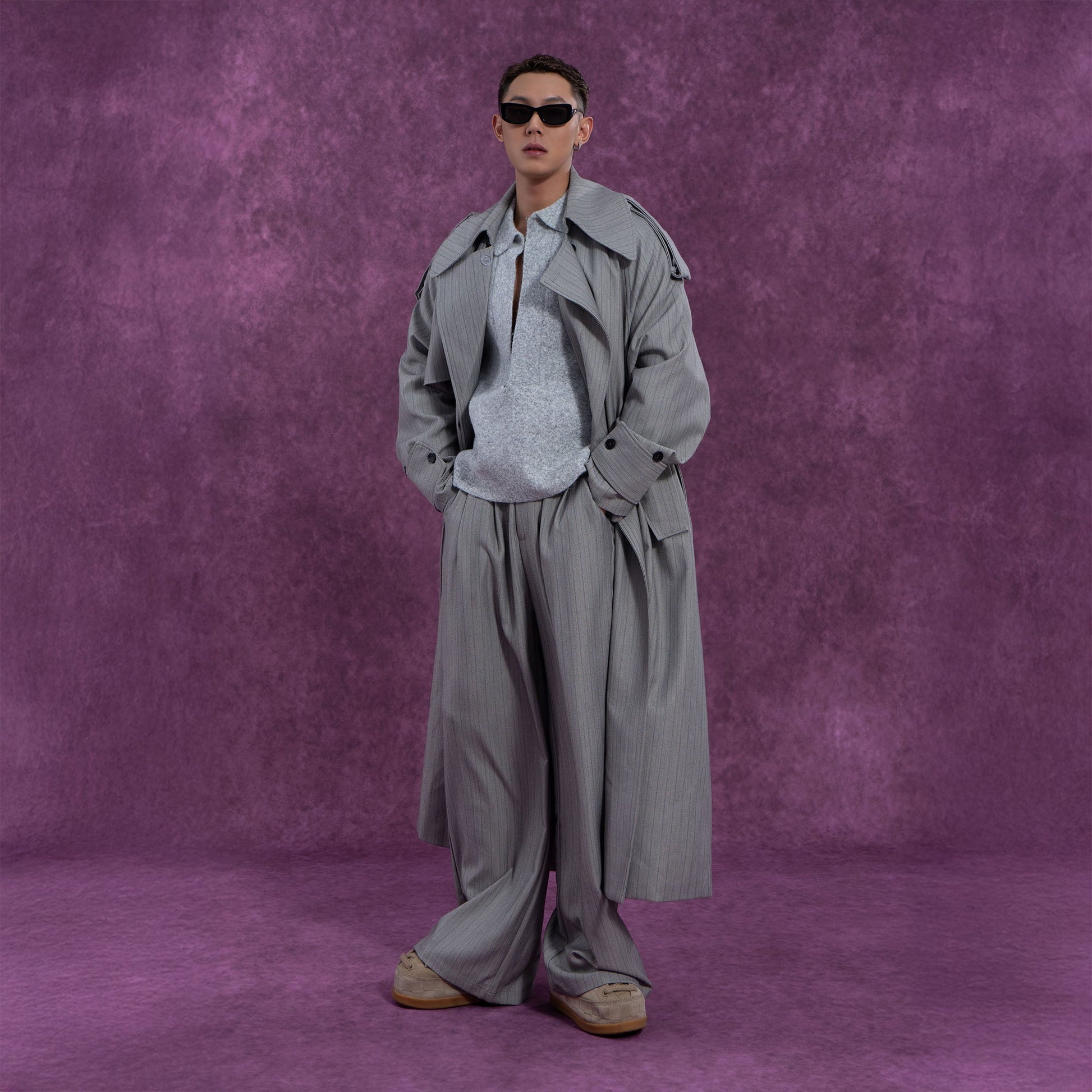 CLP Modern Pinstriped Oversized Trench-Jacket-S-Coffee-Free Shipping Leatheretro