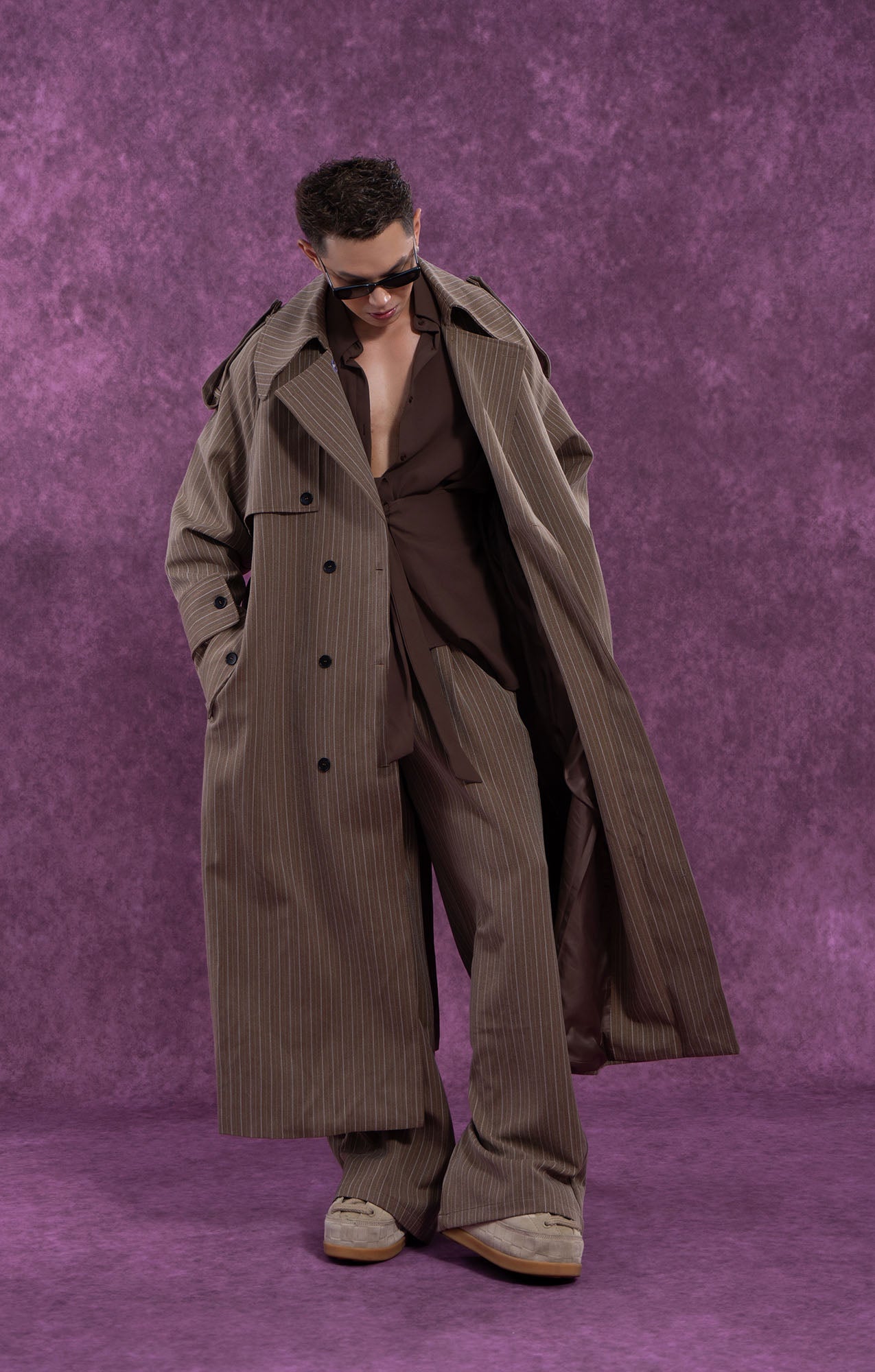 CLP Modern Pinstriped Oversized Trench-Jacket-S-Coffee-Free Shipping Leatheretro