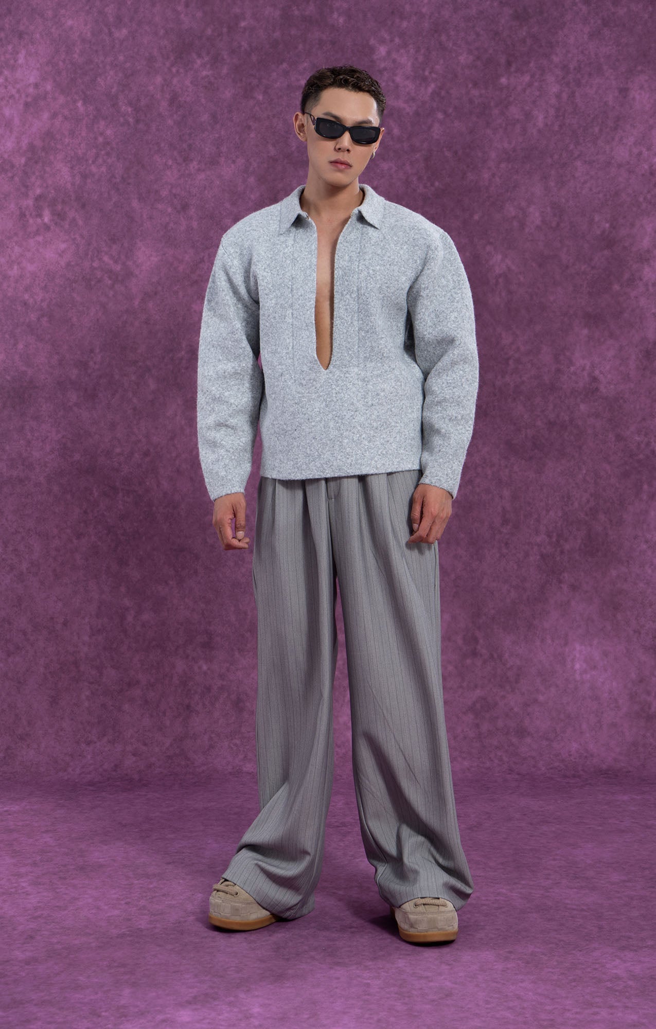 CLP Deep-V Oversized Wool-Blend Pullover-Sweatshirt-M-Gray-Free Shipping Leatheretro