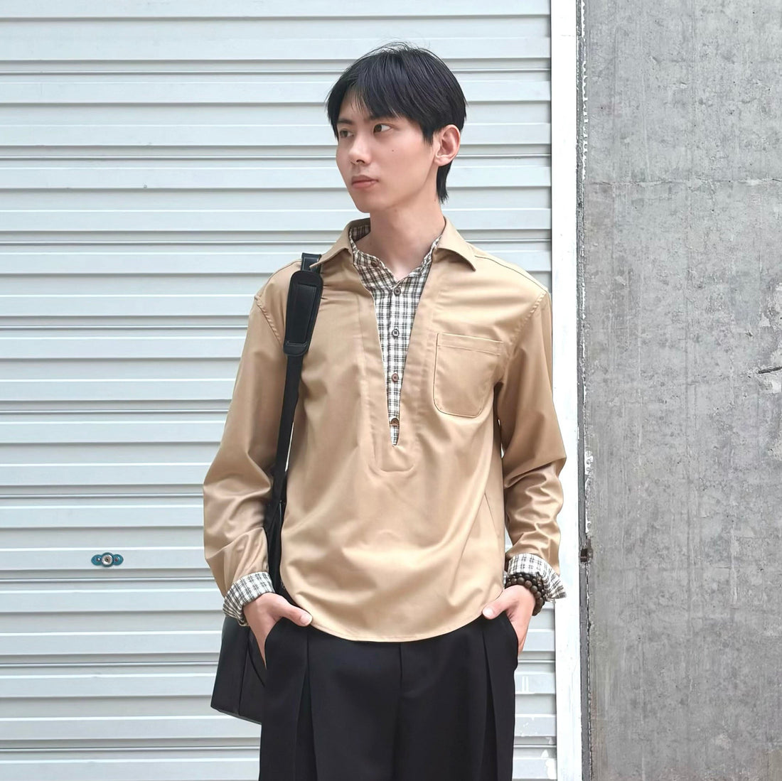 KREATE Faux Layered Plaid V-Neck Shirt-Shirt-S-Free Shipping Leatheretro