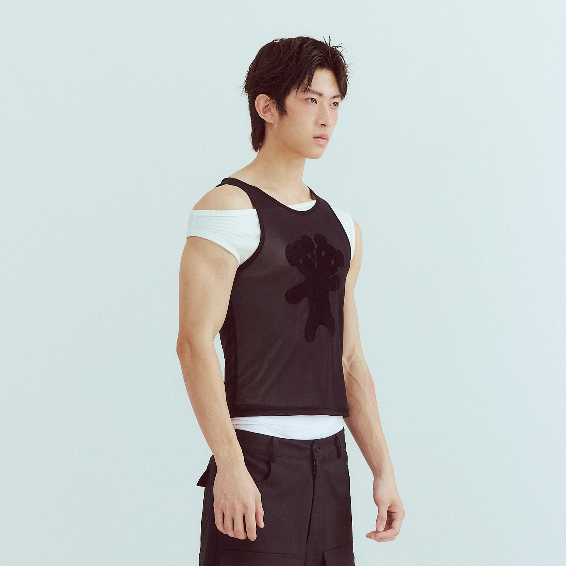 KADAKADA Flocked Bear Mesh One-Shoulder Ribbed Tank Set-Tank Top-S (Preorder)-Free Shipping Leatheretro