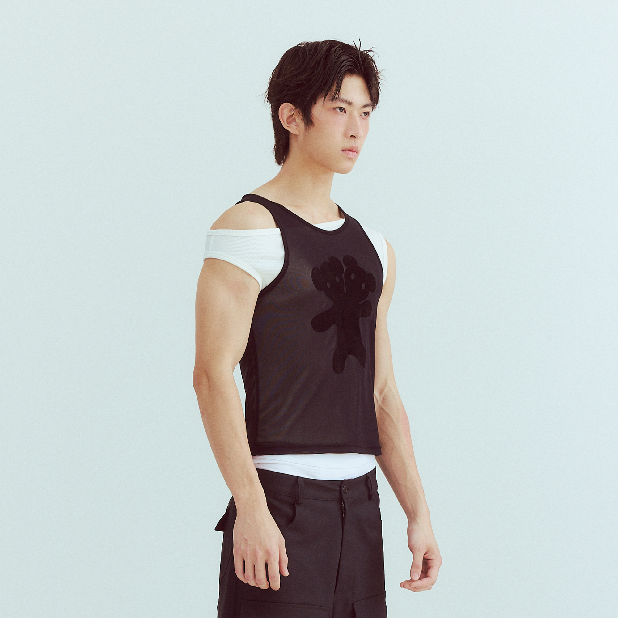 KADAKADA Flocked Bear Mesh One-Shoulder Ribbed Tank Set-Tank Top-S (Preorder)-Free Shipping Leatheretro