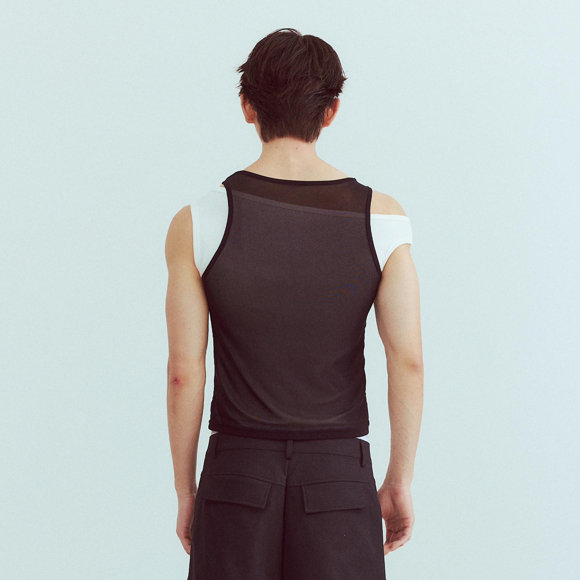 KADAKADA Flocked Bear Mesh One-Shoulder Ribbed Tank Set-Tank Top-S (Preorder)-Free Shipping Leatheretro