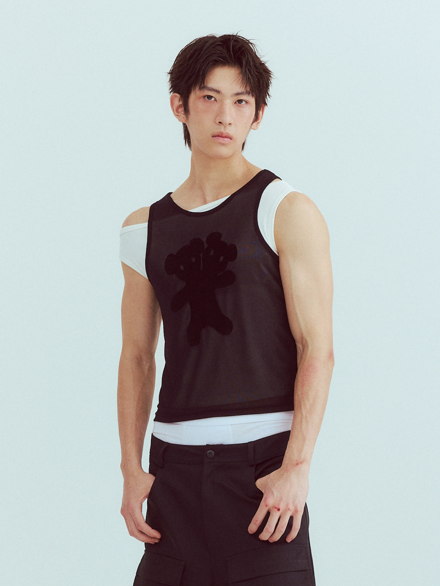 KADAKADA Flocked Bear Mesh One-Shoulder Ribbed Tank Set-Tank Top-S (Preorder)-Free Shipping Leatheretro