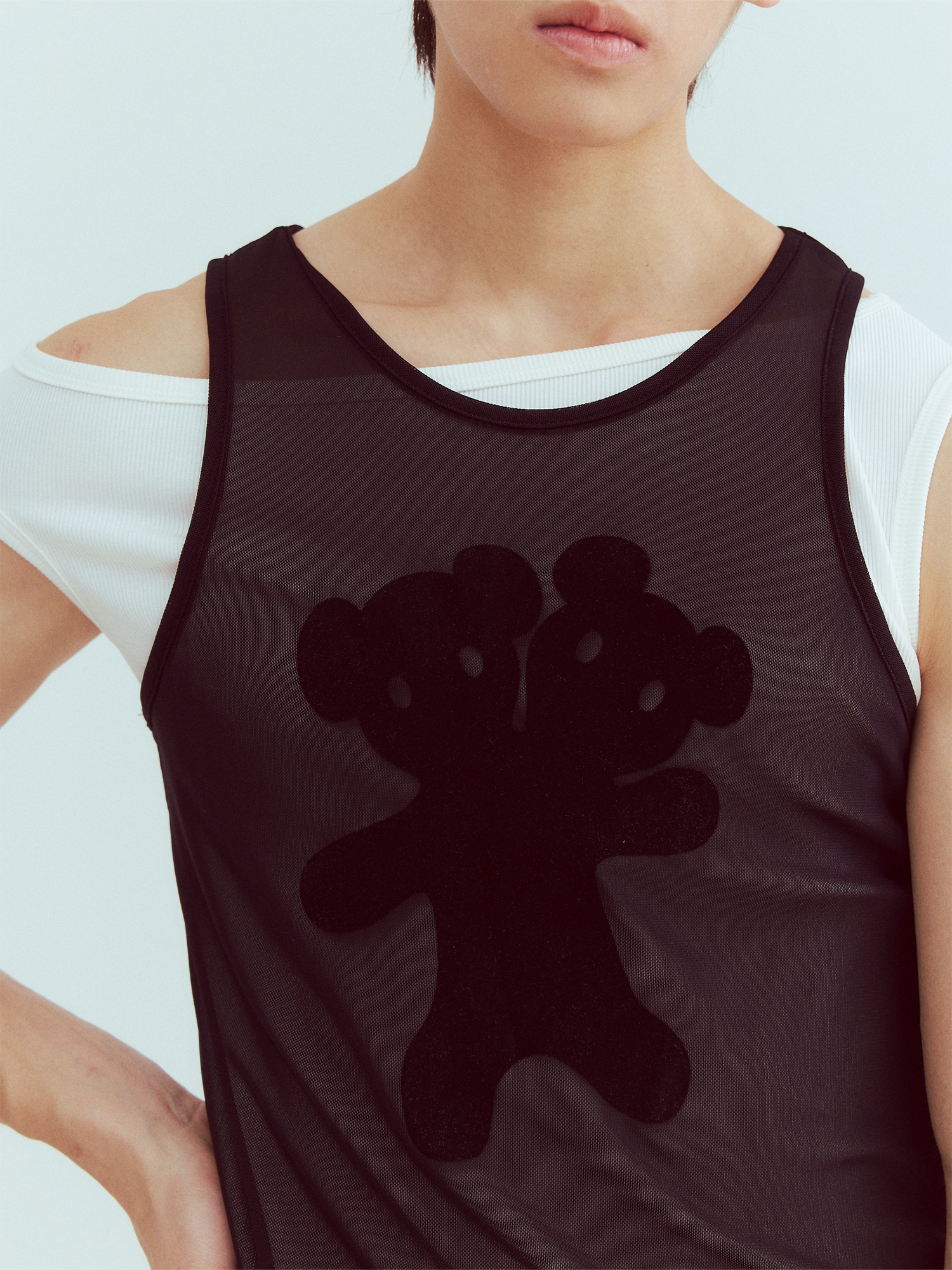 KADAKADA Flocked Bear Mesh One-Shoulder Ribbed Tank Set-Tank Top-S (Preorder)-Free Shipping Leatheretro