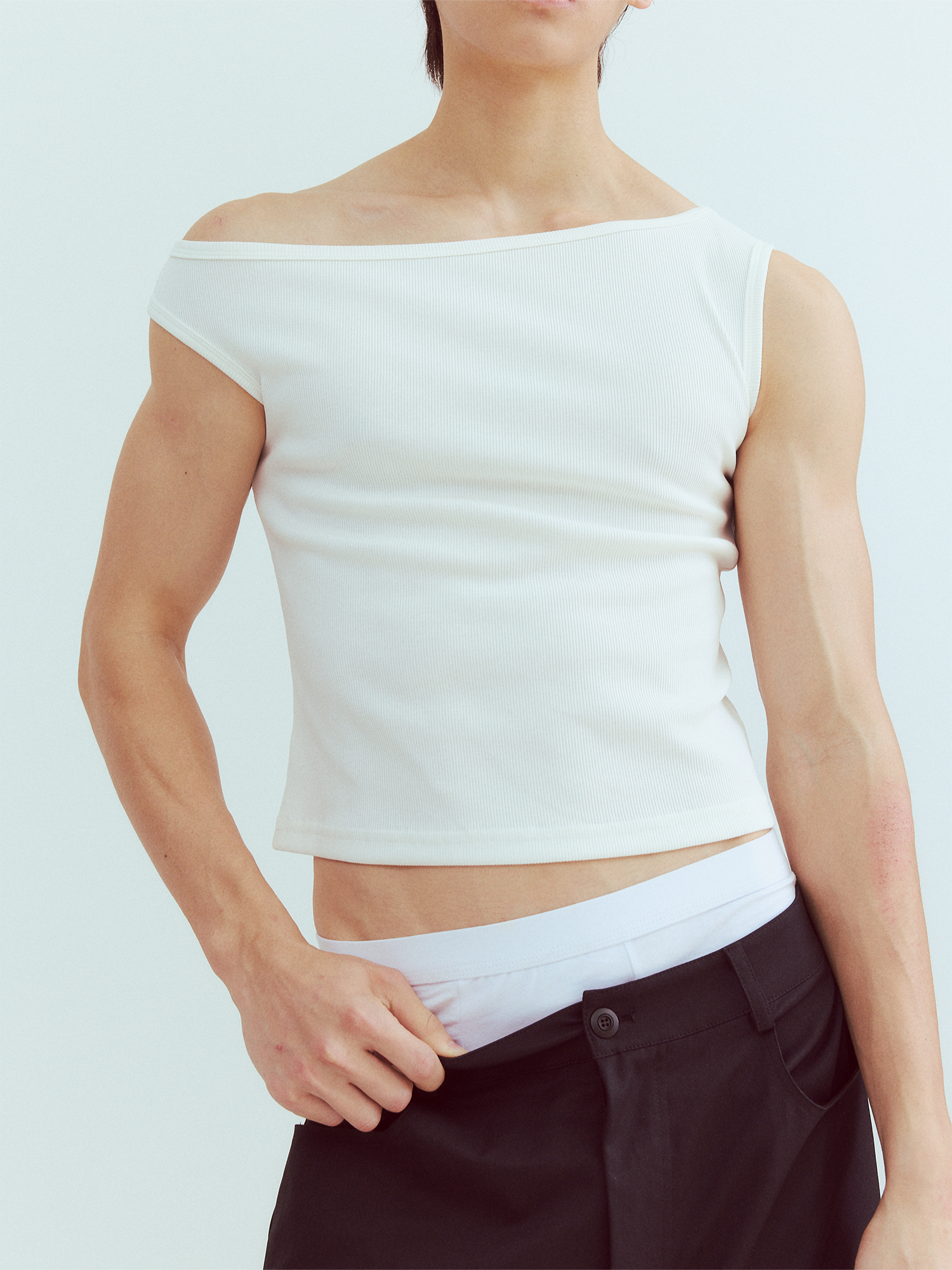 KADAKADA Flocked Bear Mesh One-Shoulder Ribbed Tank Set-Tank Top-S (Preorder)-Free Shipping Leatheretro