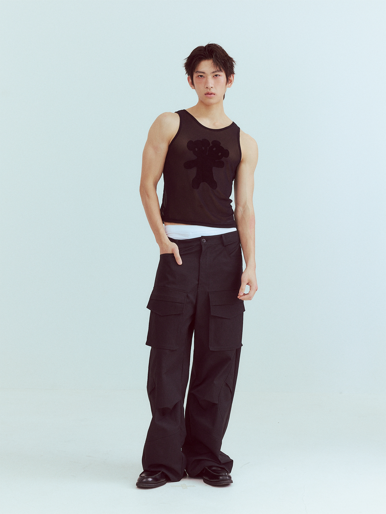 KADAKADA Flocked Bear Mesh One-Shoulder Ribbed Tank Set-Tank Top-S (Preorder)-Free Shipping Leatheretro