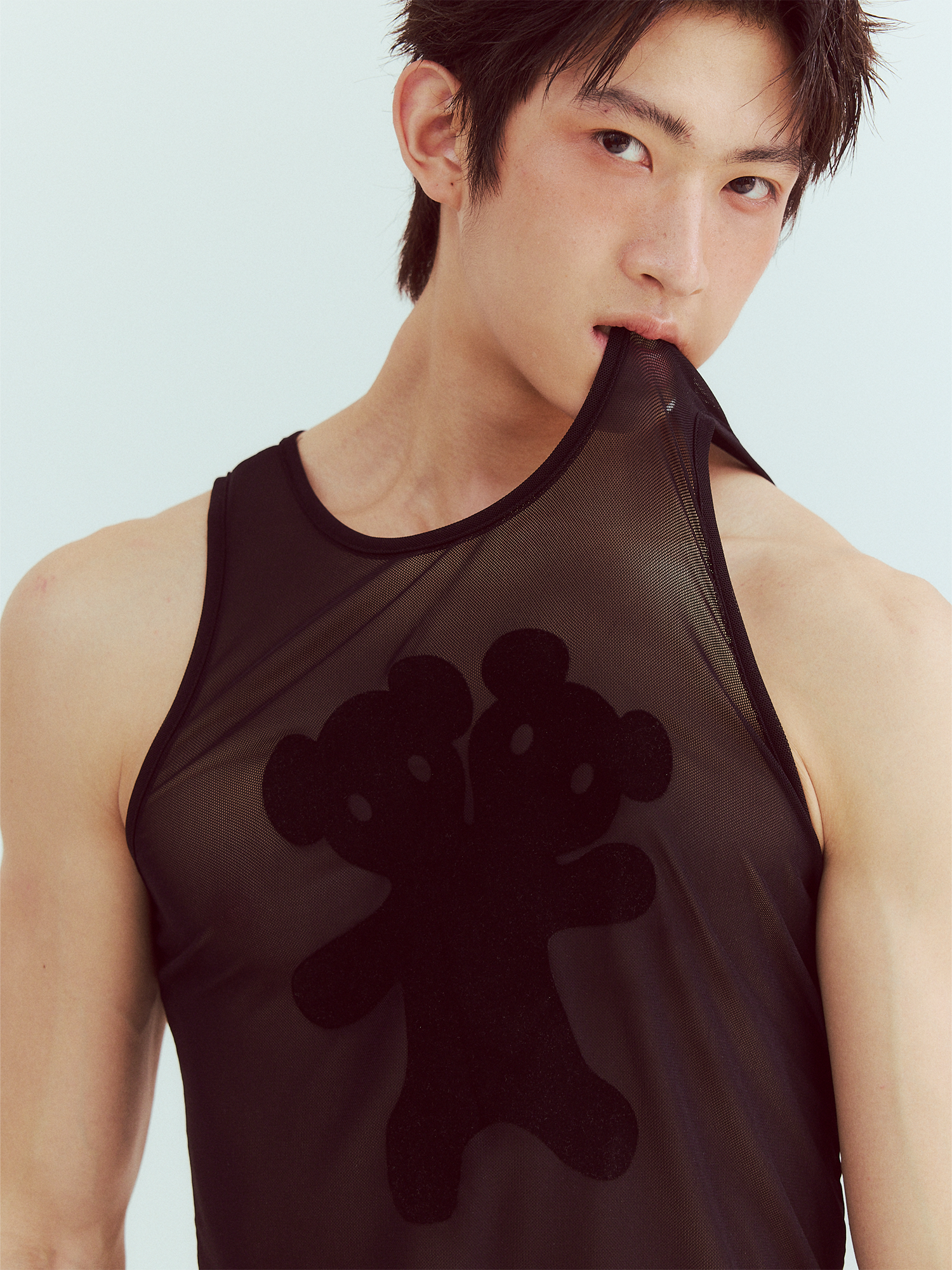 KADAKADA Flocked Bear Mesh One-Shoulder Ribbed Tank Set-Tank Top-S (Preorder)-Free Shipping Leatheretro