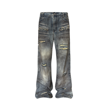 TH4SWE Distressed Heavy-Wash Wide-Leg Jeans-Jeans-S-Free Shipping Leatheretro