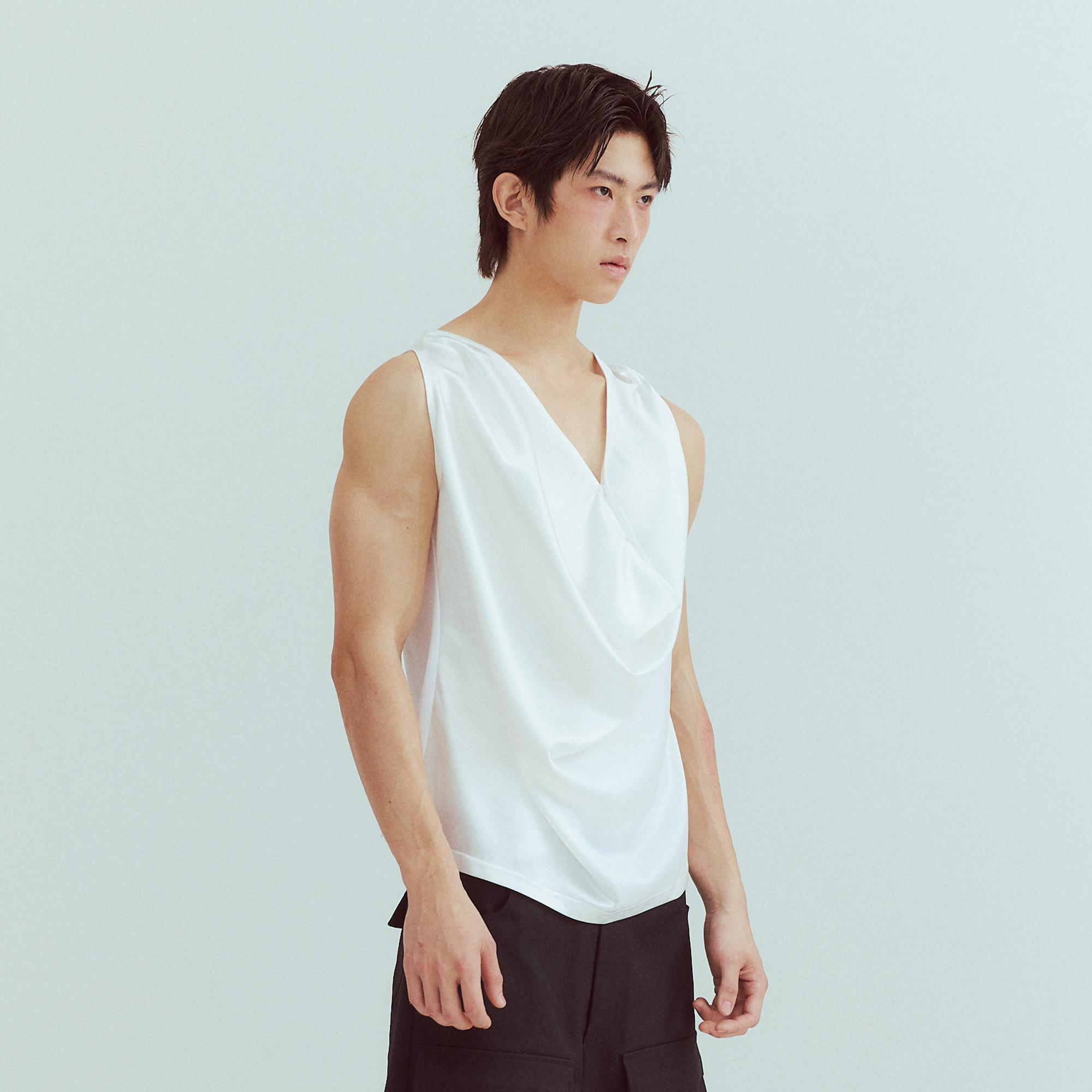 KADAKADA Pearl Sheen Deep V Draped Sleeveless Shirt-Tank Top-M (Preorder)-Free Shipping Leatheretro