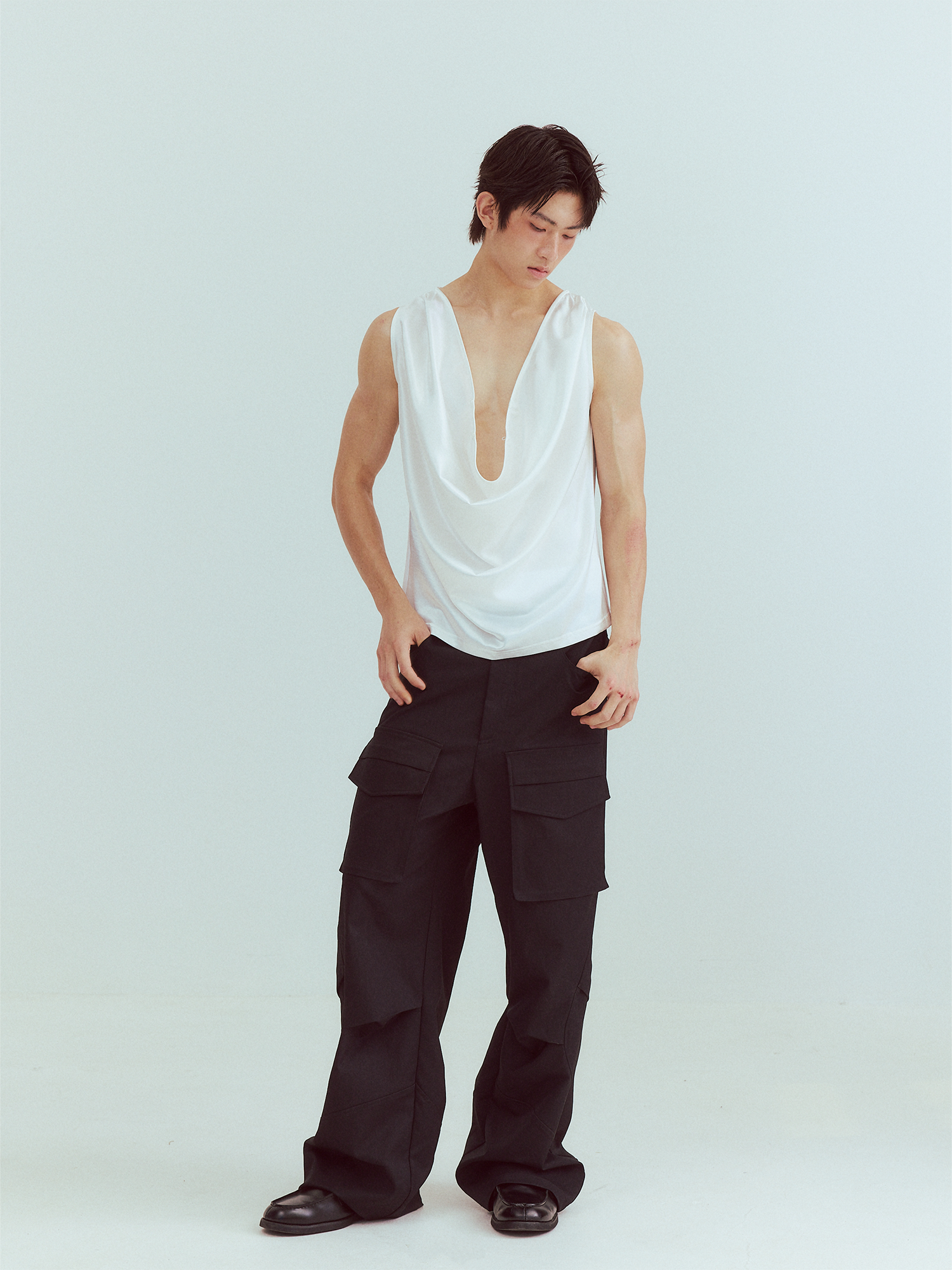 KADAKADA Pearl Sheen Deep V Draped Sleeveless Shirt-Tank Top-M (Preorder)-Free Shipping Leatheretro