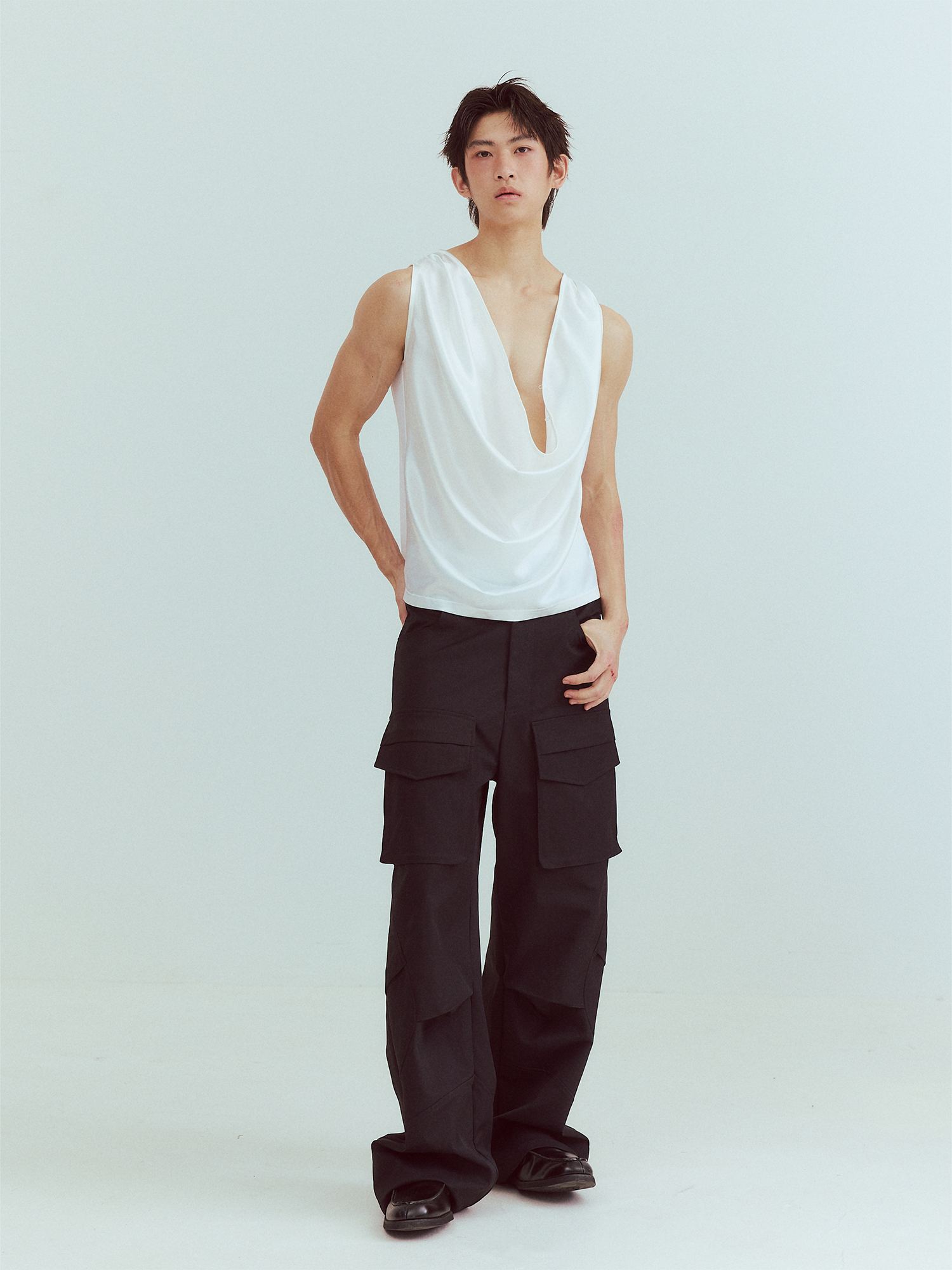 KADAKADA Pearl Sheen Deep V Draped Sleeveless Shirt-Tank Top-M (Preorder)-Free Shipping Leatheretro
