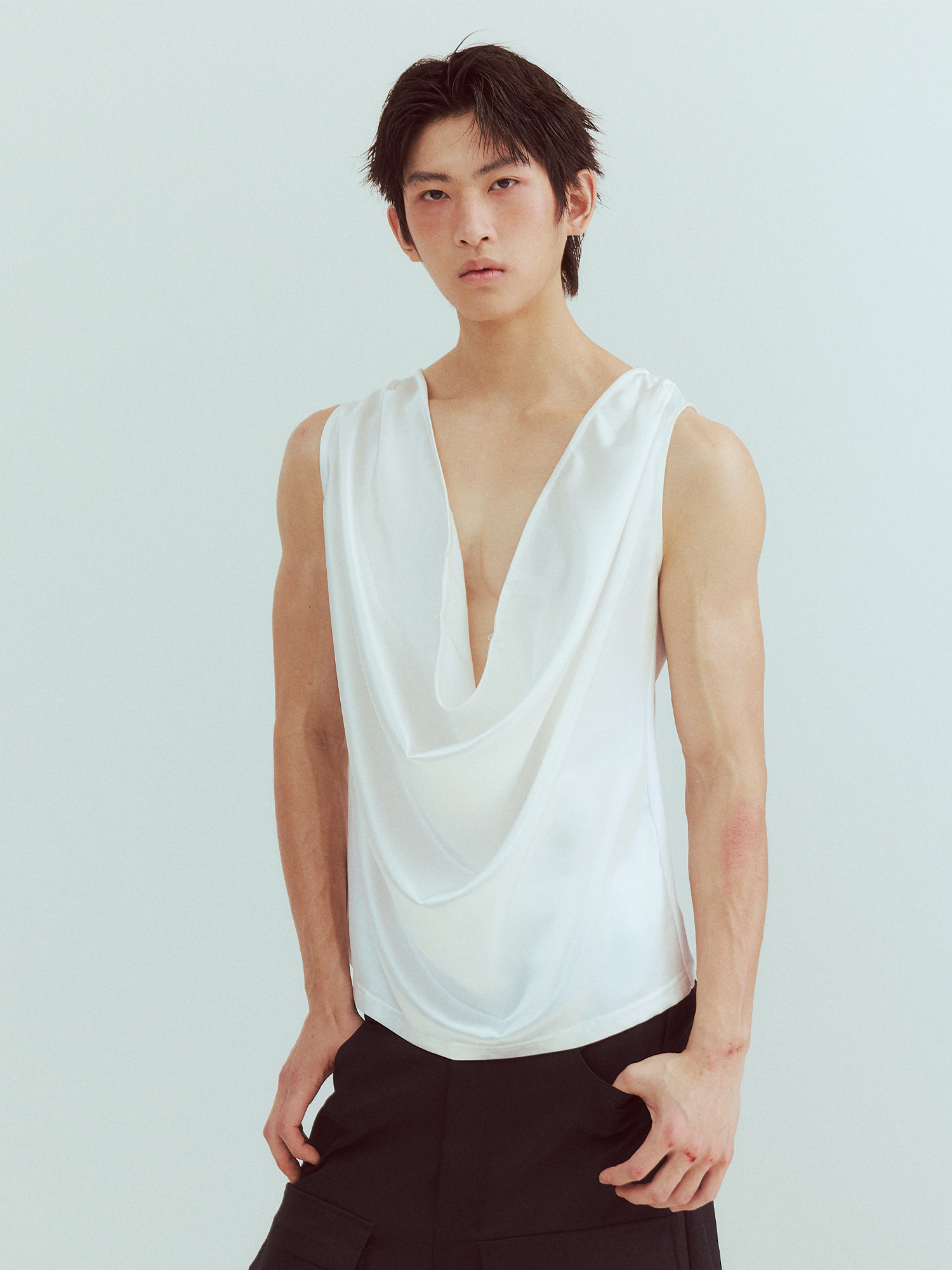 KADAKADA Pearl Sheen Deep V Draped Sleeveless Shirt-Tank Top-M (Preorder)-Free Shipping Leatheretro