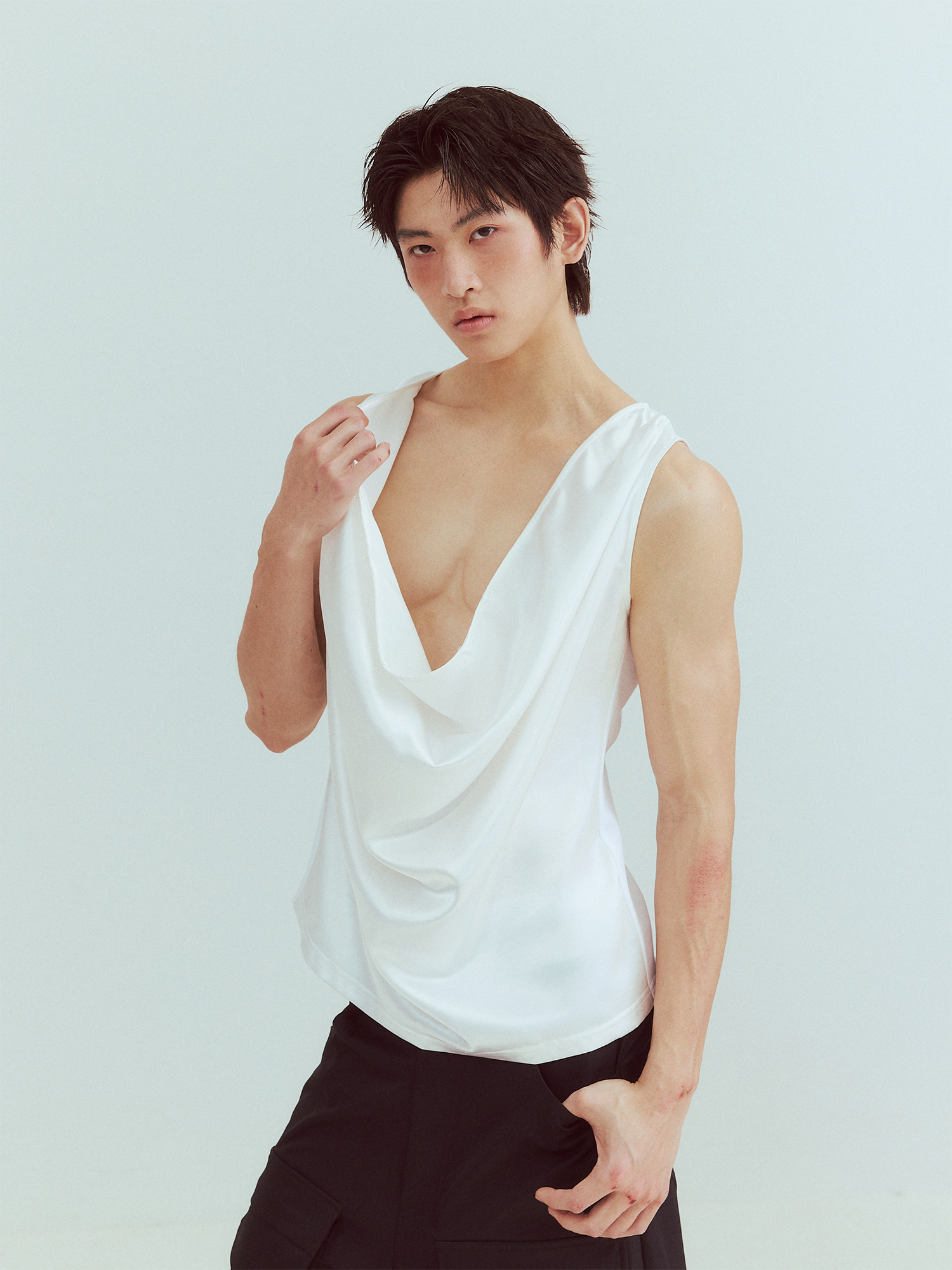 KADAKADA Pearl Sheen Deep V Draped Sleeveless Shirt-Tank Top-M (Preorder)-Free Shipping Leatheretro