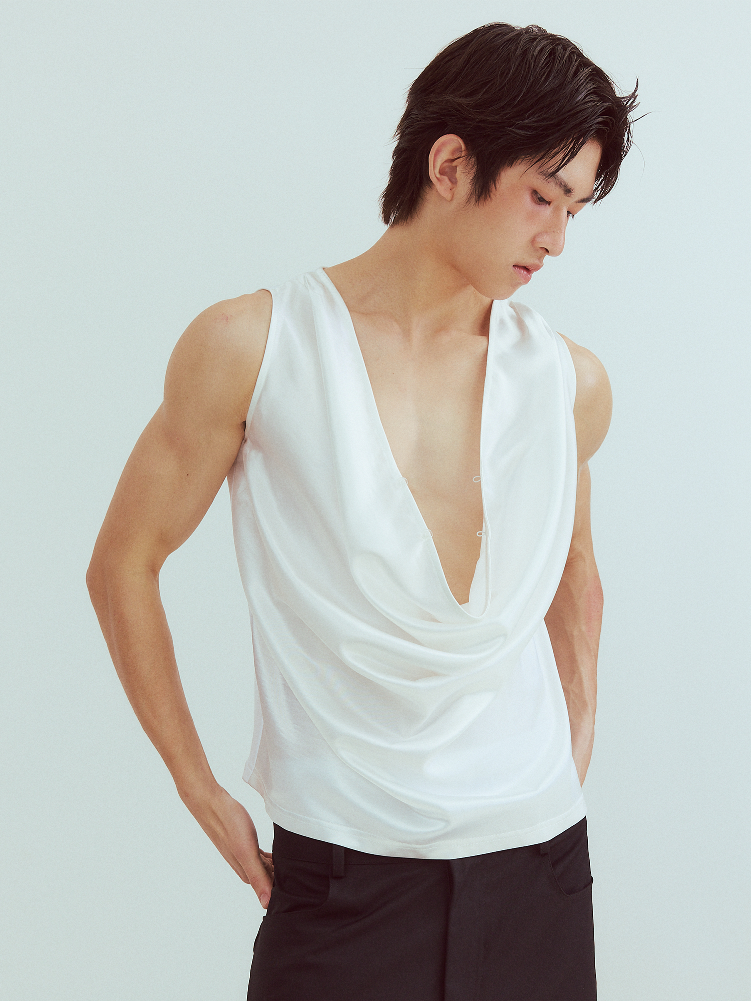 KADAKADA Pearl Sheen Deep V Draped Sleeveless Shirt-Tank Top-M (Preorder)-Free Shipping Leatheretro
