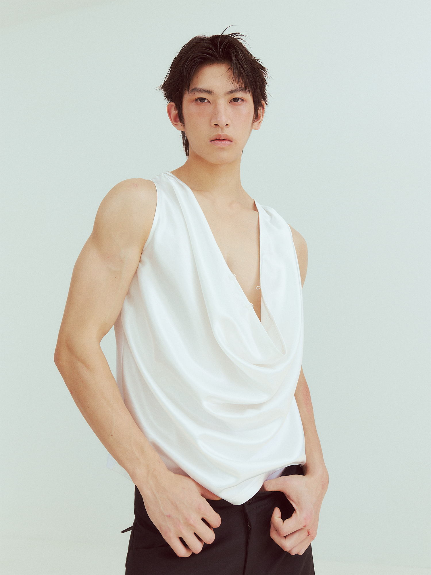 KADAKADA Pearl Sheen Deep V Draped Sleeveless Shirt-Tank Top-M (Preorder)-Free Shipping Leatheretro