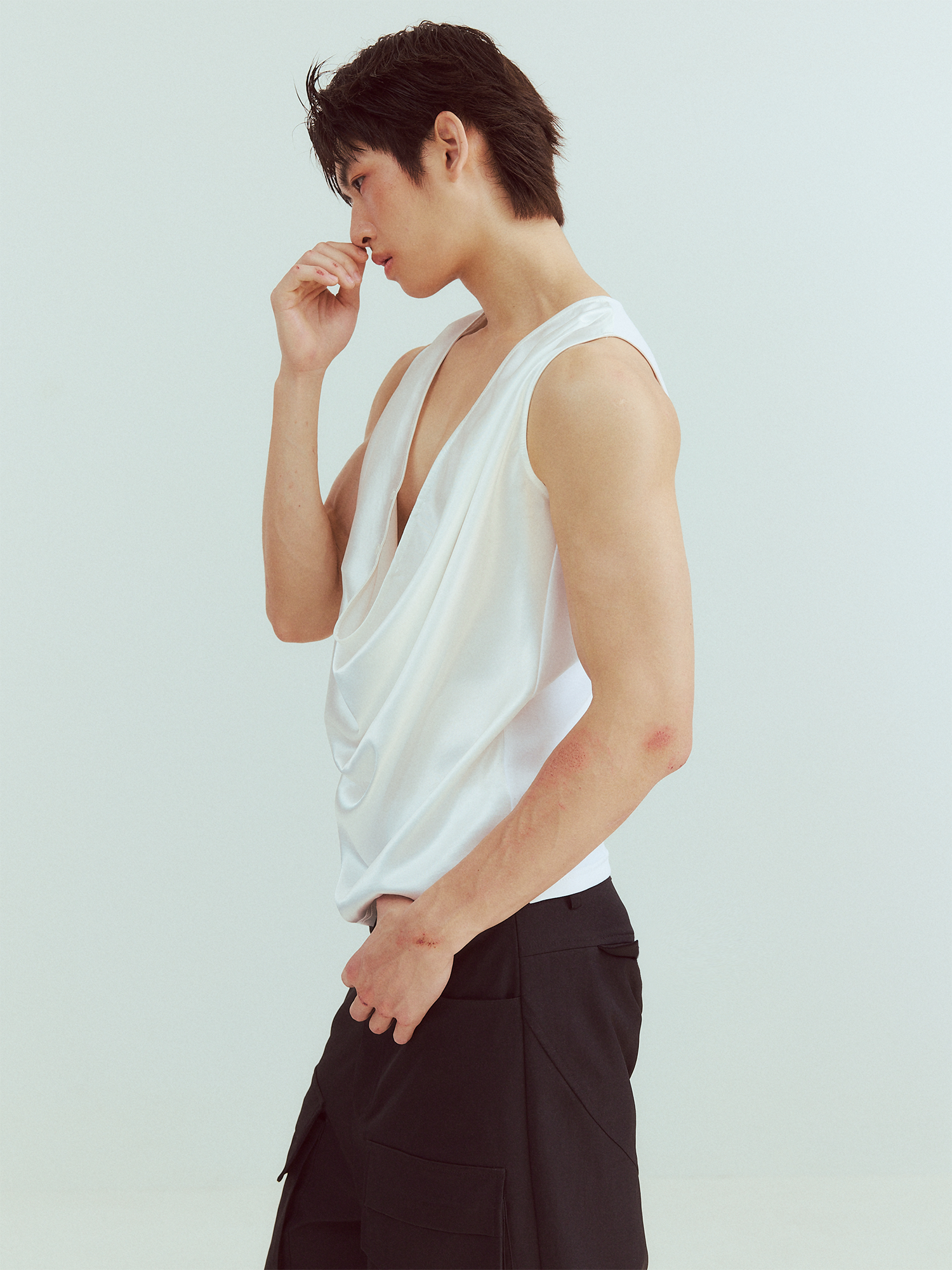 KADAKADA Pearl Sheen Deep V Draped Sleeveless Shirt-Tank Top-M (Preorder)-Free Shipping Leatheretro