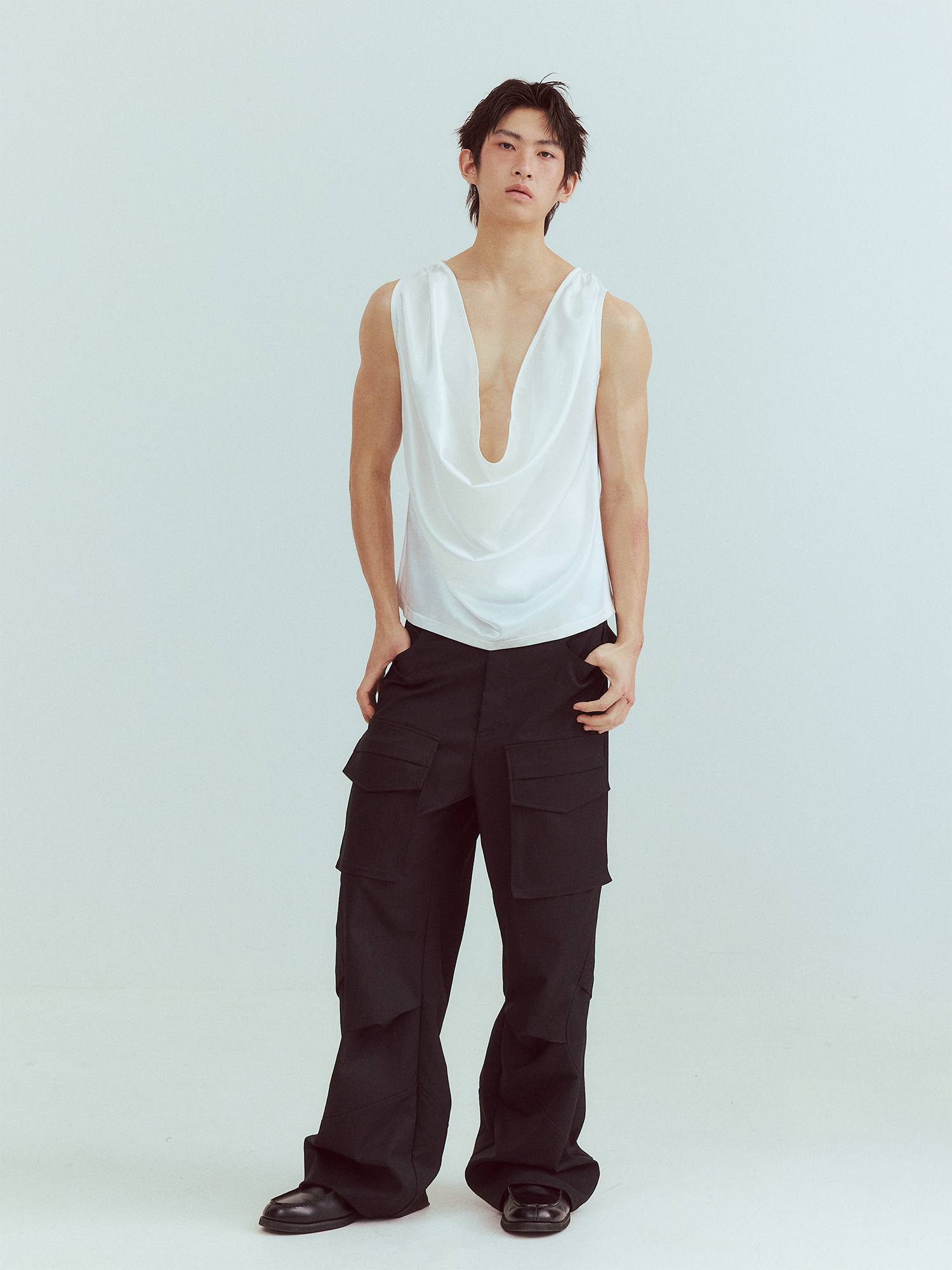 KADAKADA Pearl Sheen Deep V Draped Sleeveless Shirt-Tank Top-M (Preorder)-Free Shipping Leatheretro