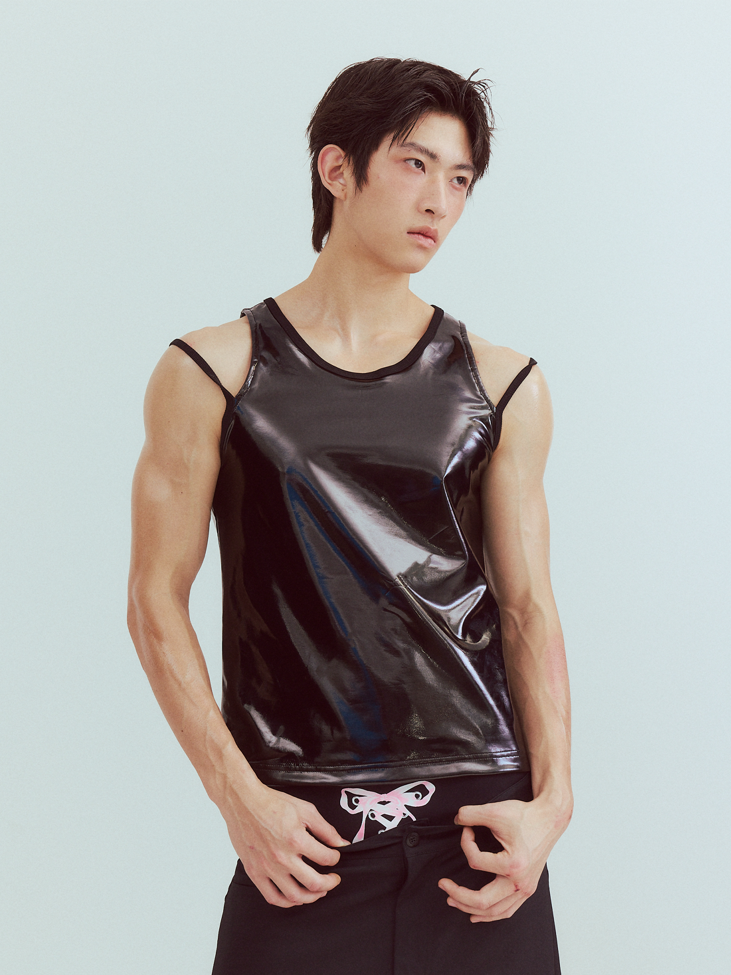 KADAKADA Patent Shine Layered Strap Ribbed Tank Top-Tank Top-M (Preorder)-Khaki-Free Shipping Leatheretro