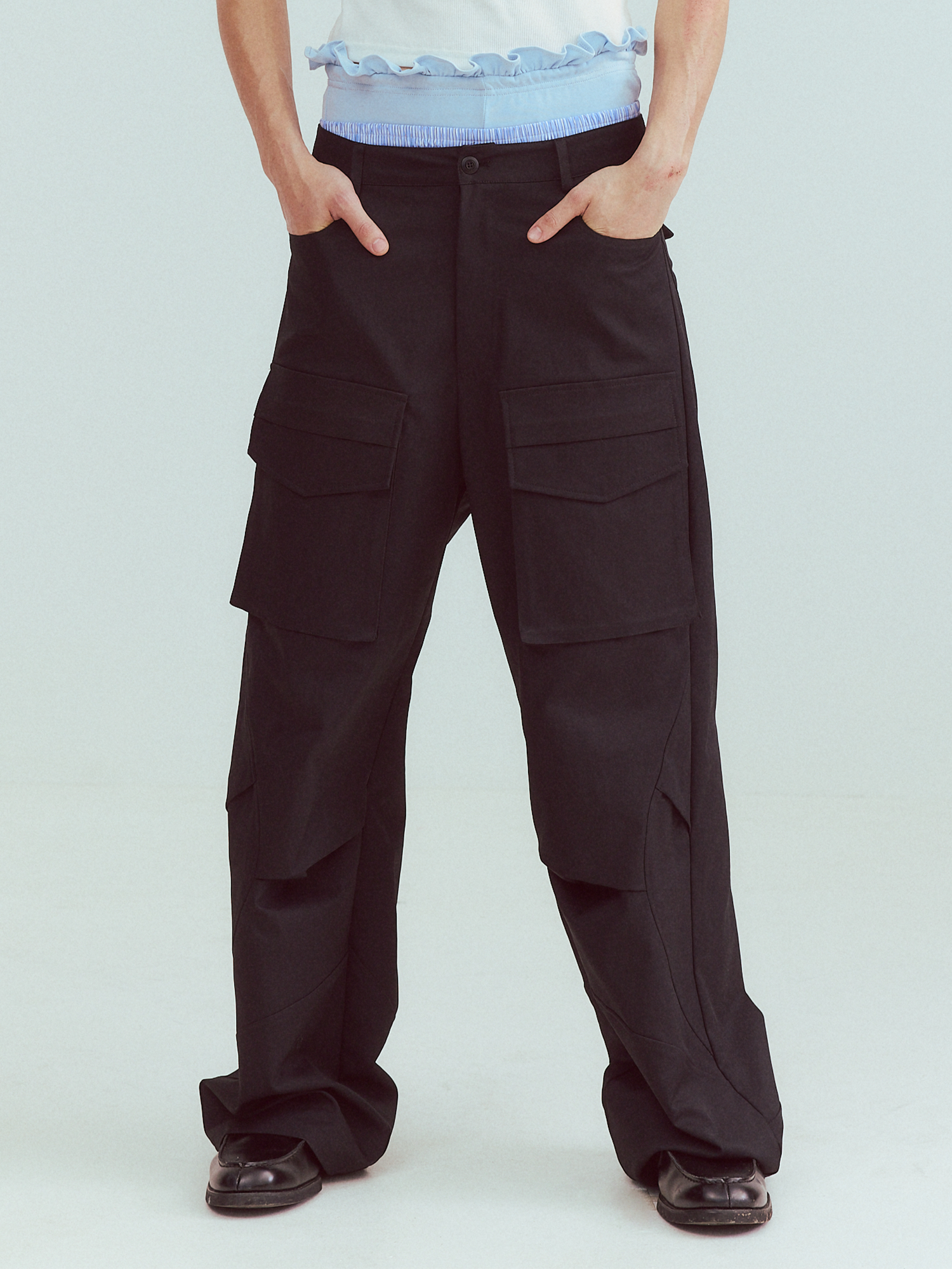 KADAKADA Paneled Wide-Leg Cargo Pants-Pants-M (Preorder)-Black-Free Shipping Leatheretro