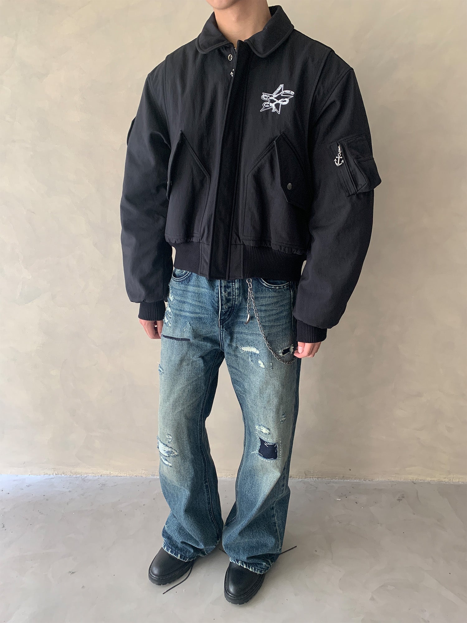 IN EXISTENCE Anchor Zip Embroidered Patch Bomber-Jacket-S-Black-Free Shipping Leatheretro