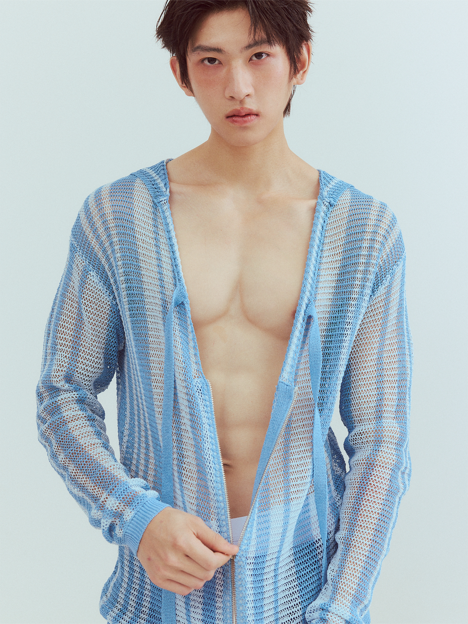 KADAKADA Striped Open-Knit Deep V Hooded Sweater-Sweater-M (Preorder)-Free Shipping Leatheretro