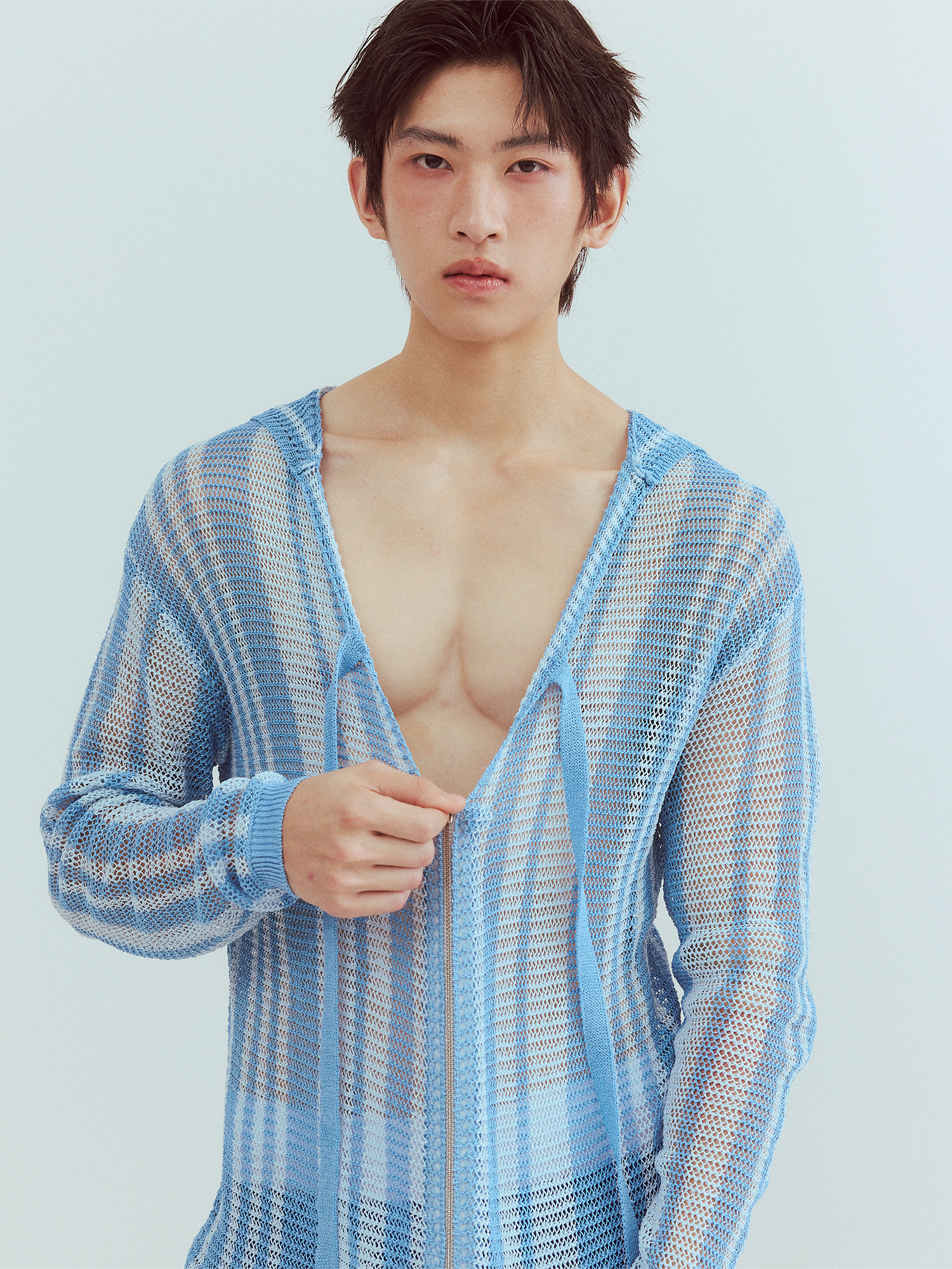 KADAKADA Striped Open-Knit Deep V Hooded Sweater-Sweater-M (Preorder)-Free Shipping Leatheretro