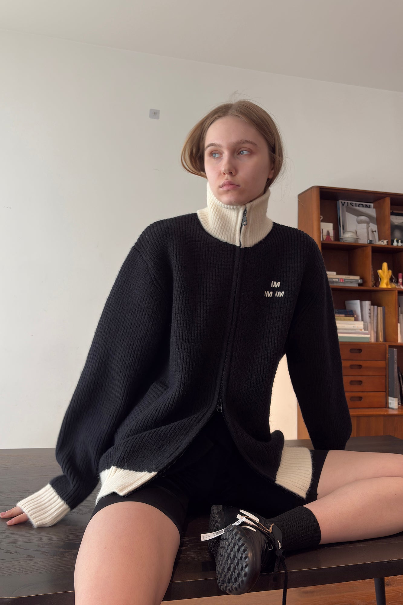 MIICHOUS Contrast Embroidered Turtle Neck Cardigan-Jacket-S-White-Free Shipping Leatheretro