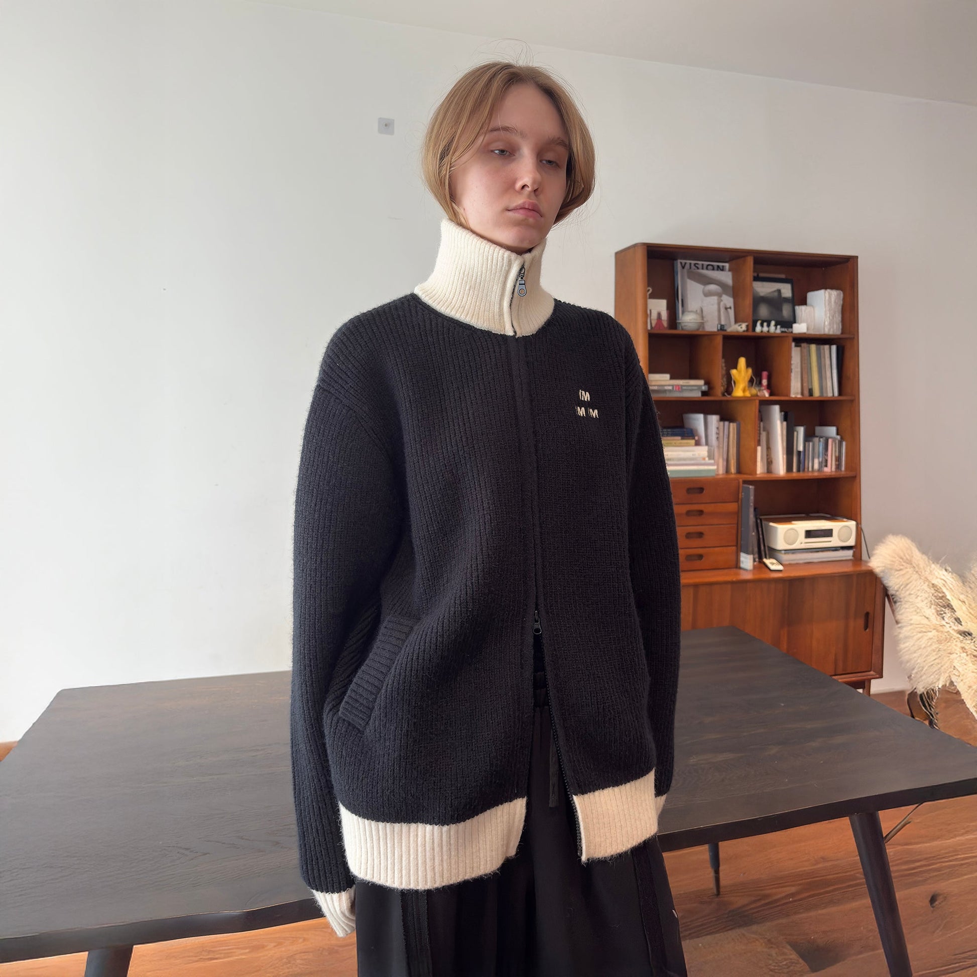 MIICHOUS Contrast Embroidered Turtle Neck Cardigan-Jacket-S-White-Free Shipping Leatheretro