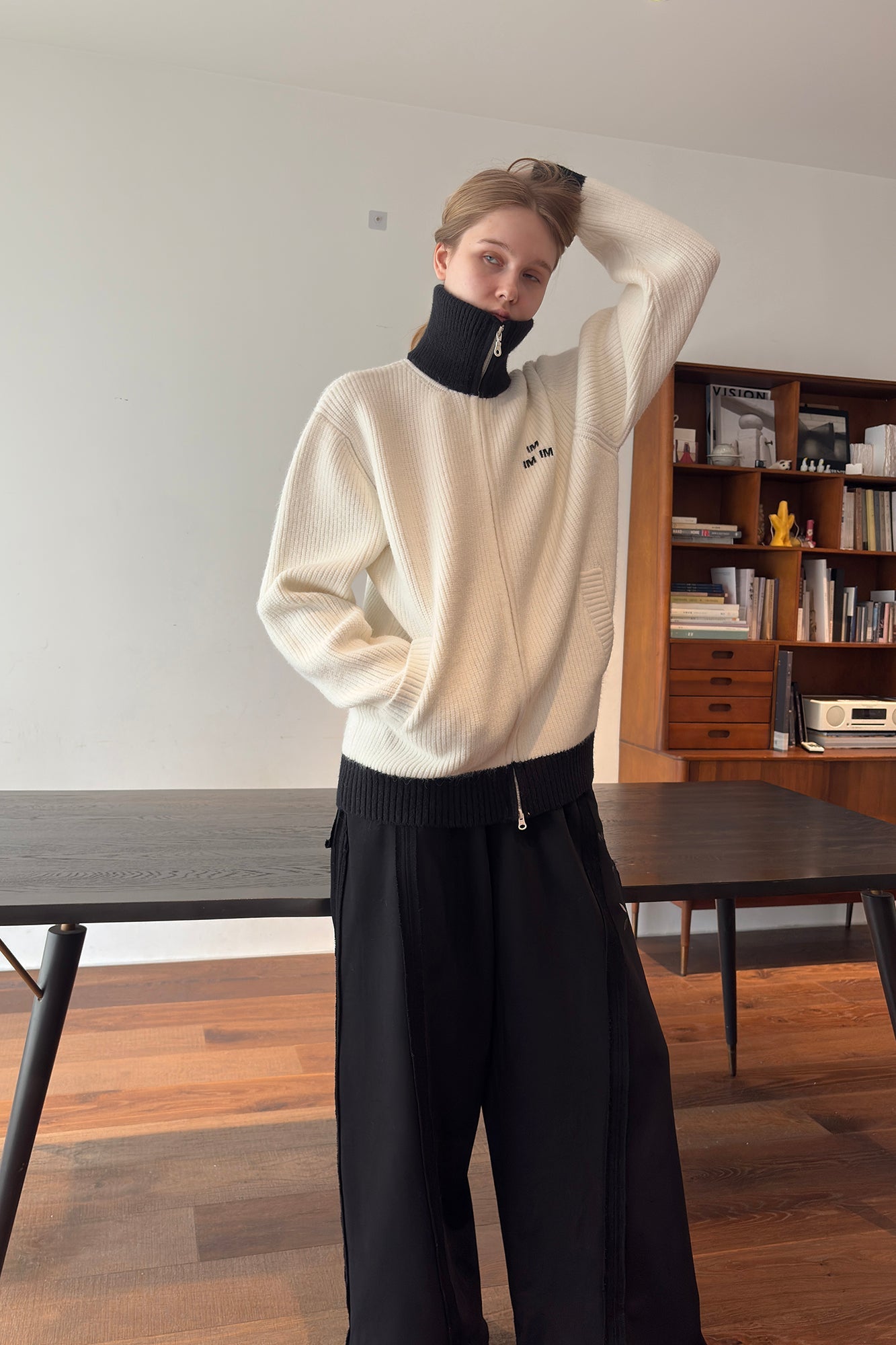 MIICHOUS Contrast Embroidered Turtle Neck Cardigan-Jacket-S-White-Free Shipping Leatheretro