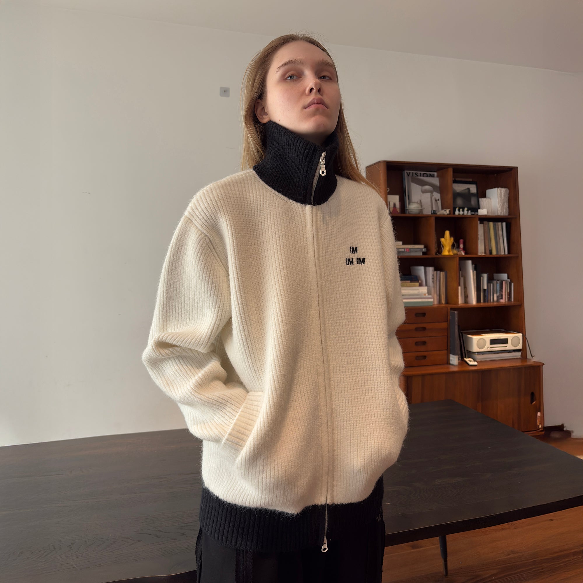 MIICHOUS Contrast Embroidered Turtle Neck Cardigan-Jacket-S-White-Free Shipping Leatheretro