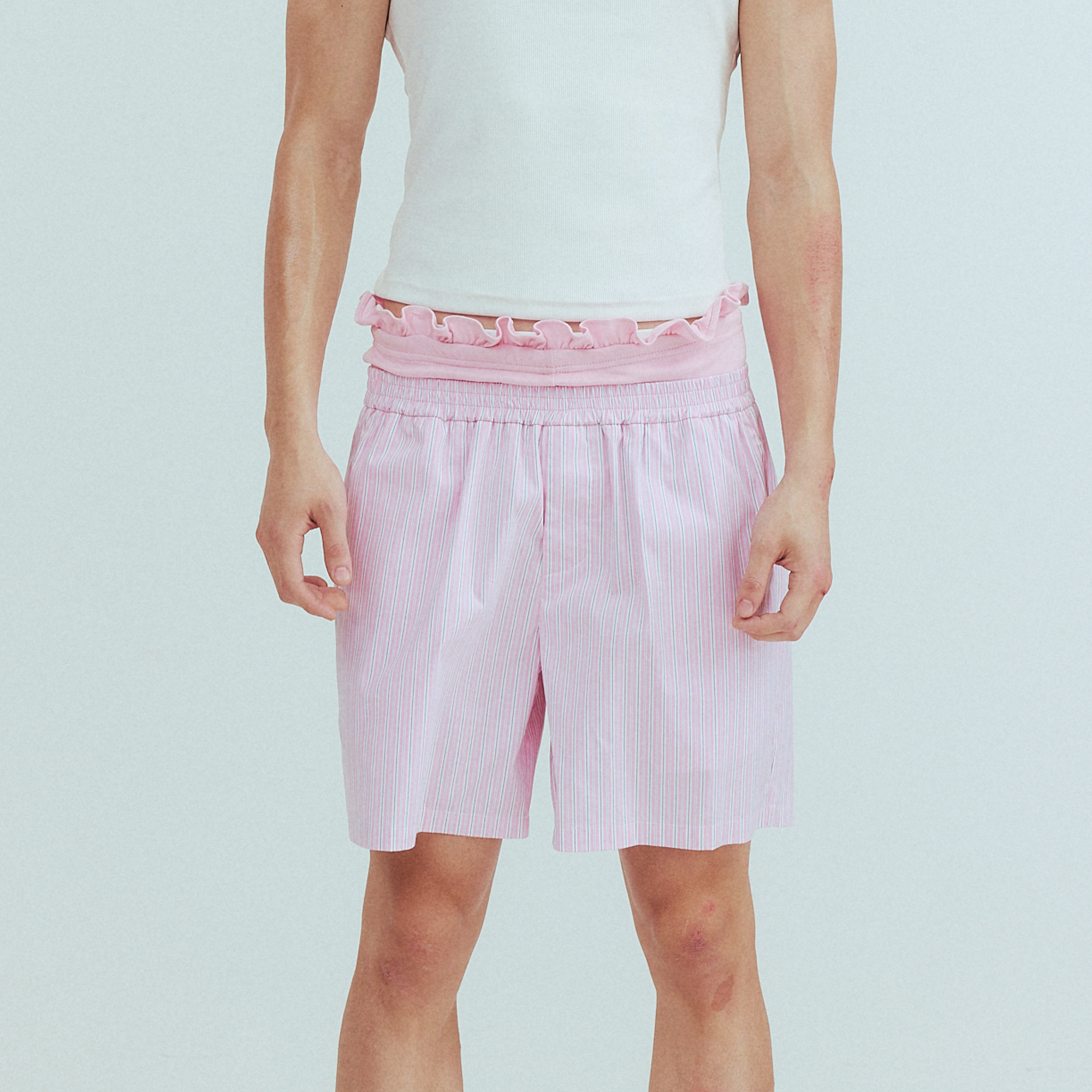 KADAKADA Retro Striped Ruffle-Waist Layered Shorts-Shorts-S (Preorder)-Pink-Free Shipping Leatheretro