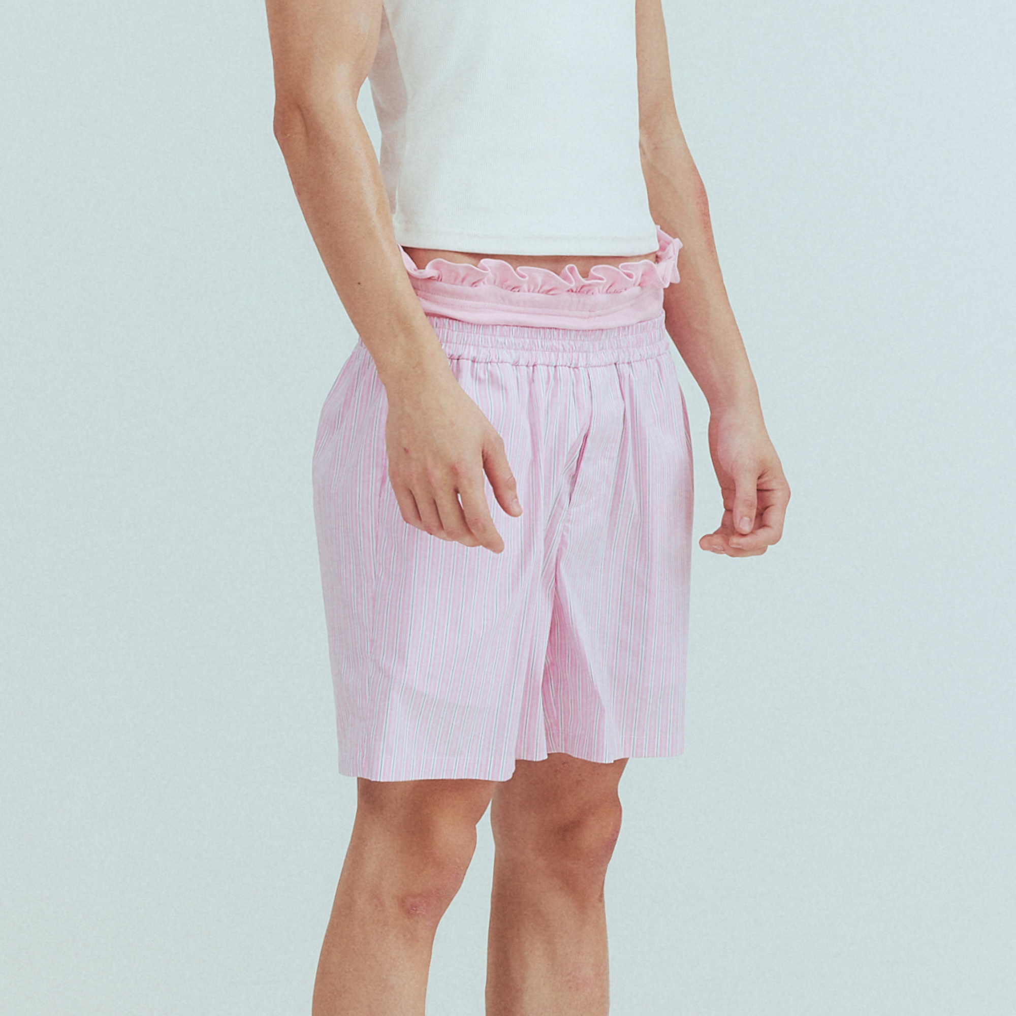 KADAKADA Retro Striped Ruffle-Waist Layered Shorts-Shorts-S (Preorder)-Pink-Free Shipping Leatheretro