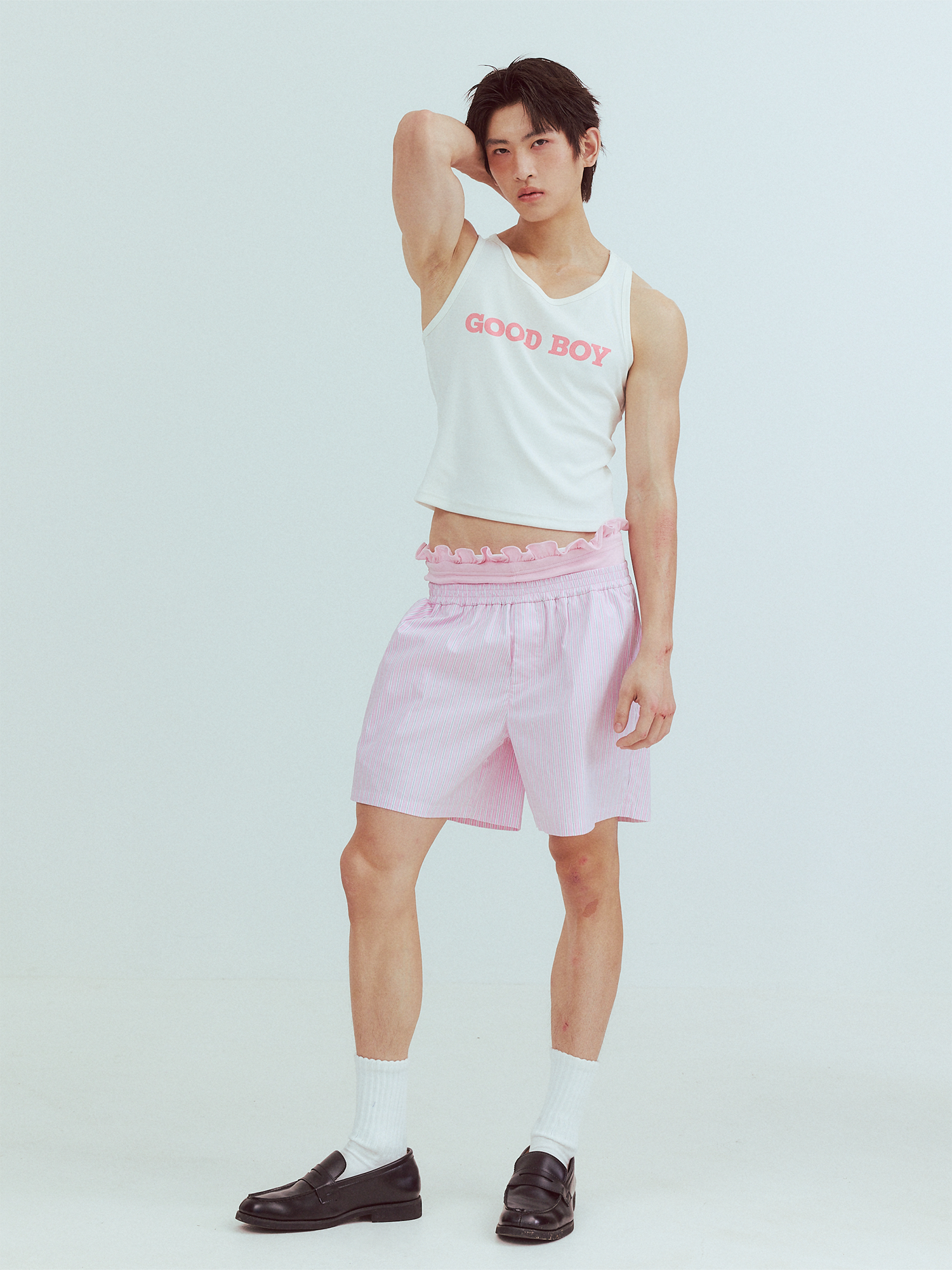 KADAKADA Retro Striped Ruffle-Waist Layered Shorts-Shorts-S (Preorder)-Pink-Free Shipping Leatheretro