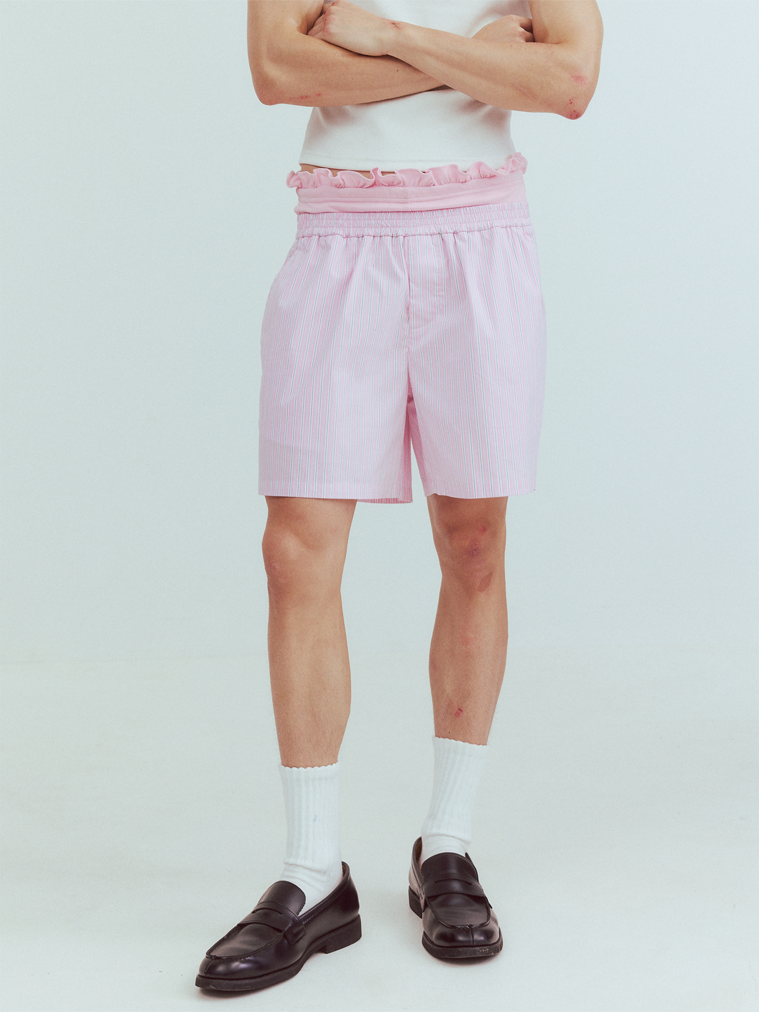 KADAKADA Retro Striped Ruffle-Waist Layered Shorts-Shorts-S (Preorder)-Pink-Free Shipping Leatheretro