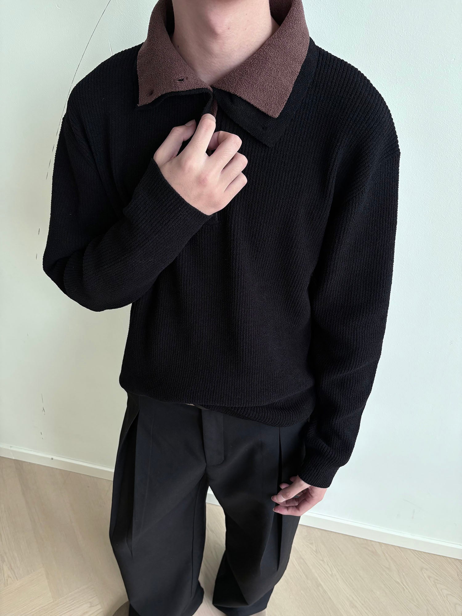 KREATE Contrast Layered Collar Ribbed Sweater-Sweater-S-Brown-Free Shipping Leatheretro