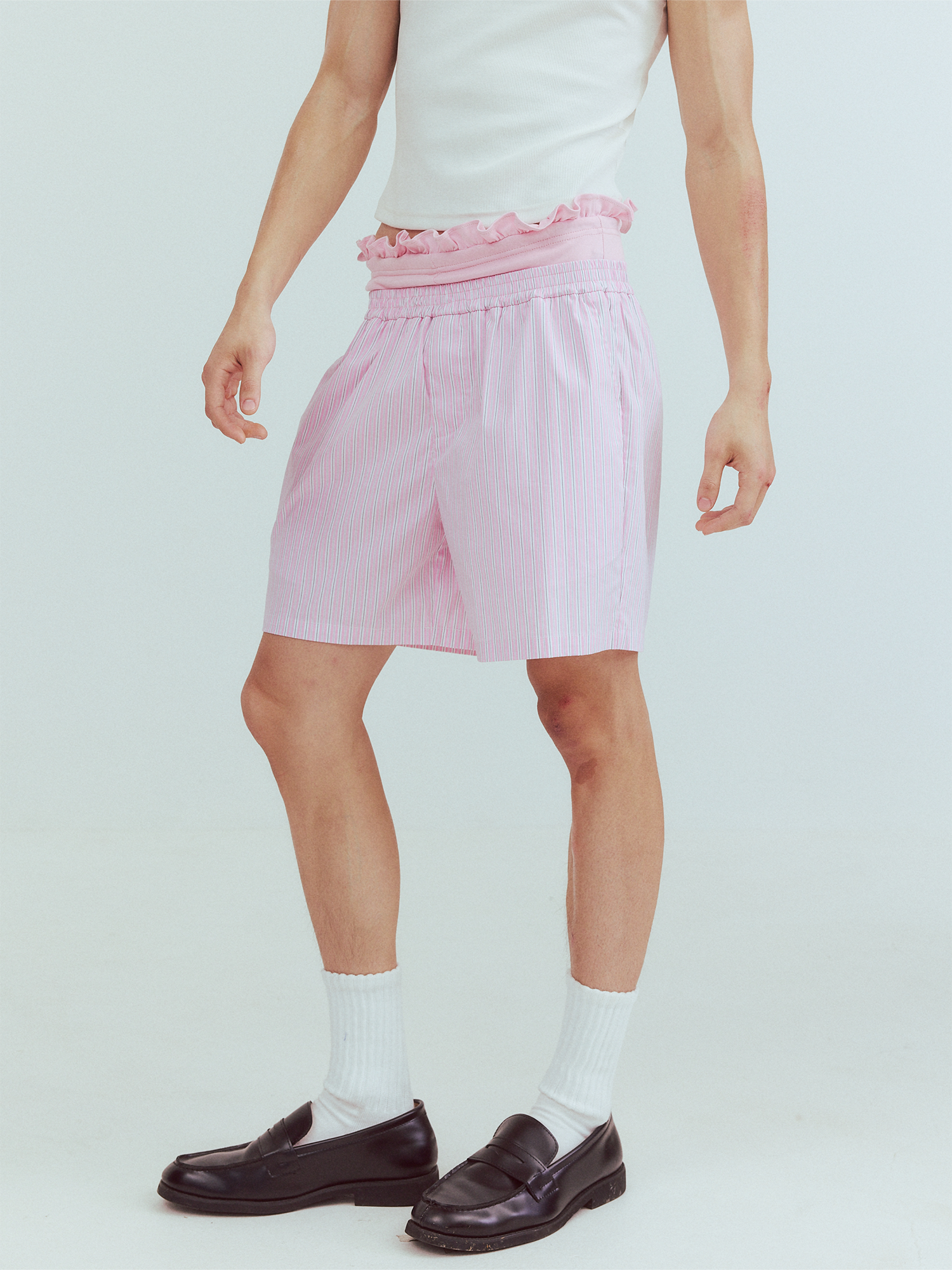 KADAKADA Retro Striped Ruffle-Waist Layered Shorts-Shorts-S (Preorder)-Pink-Free Shipping Leatheretro