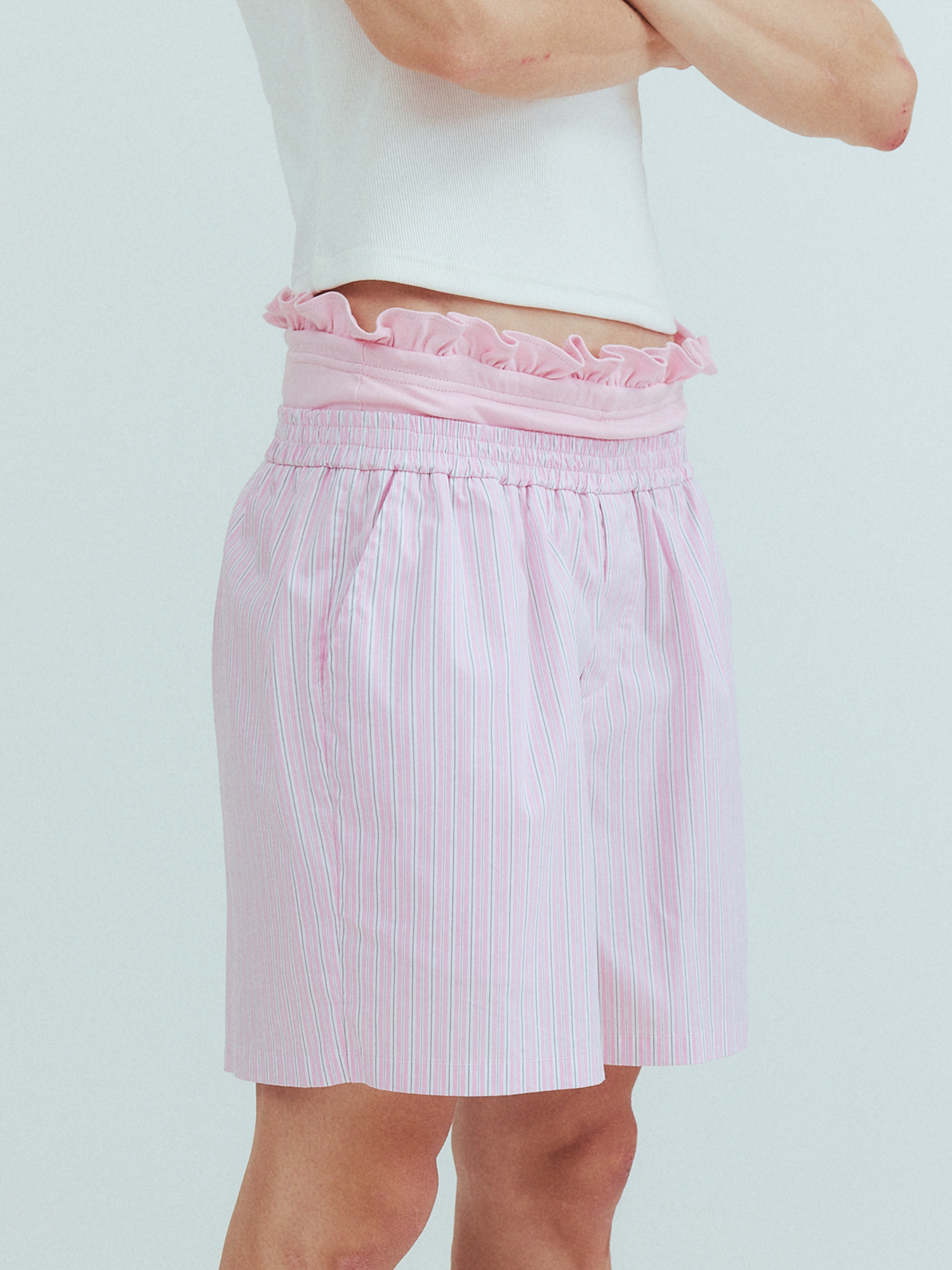 KADAKADA Retro Striped Ruffle-Waist Layered Shorts-Shorts-S (Preorder)-Pink-Free Shipping Leatheretro