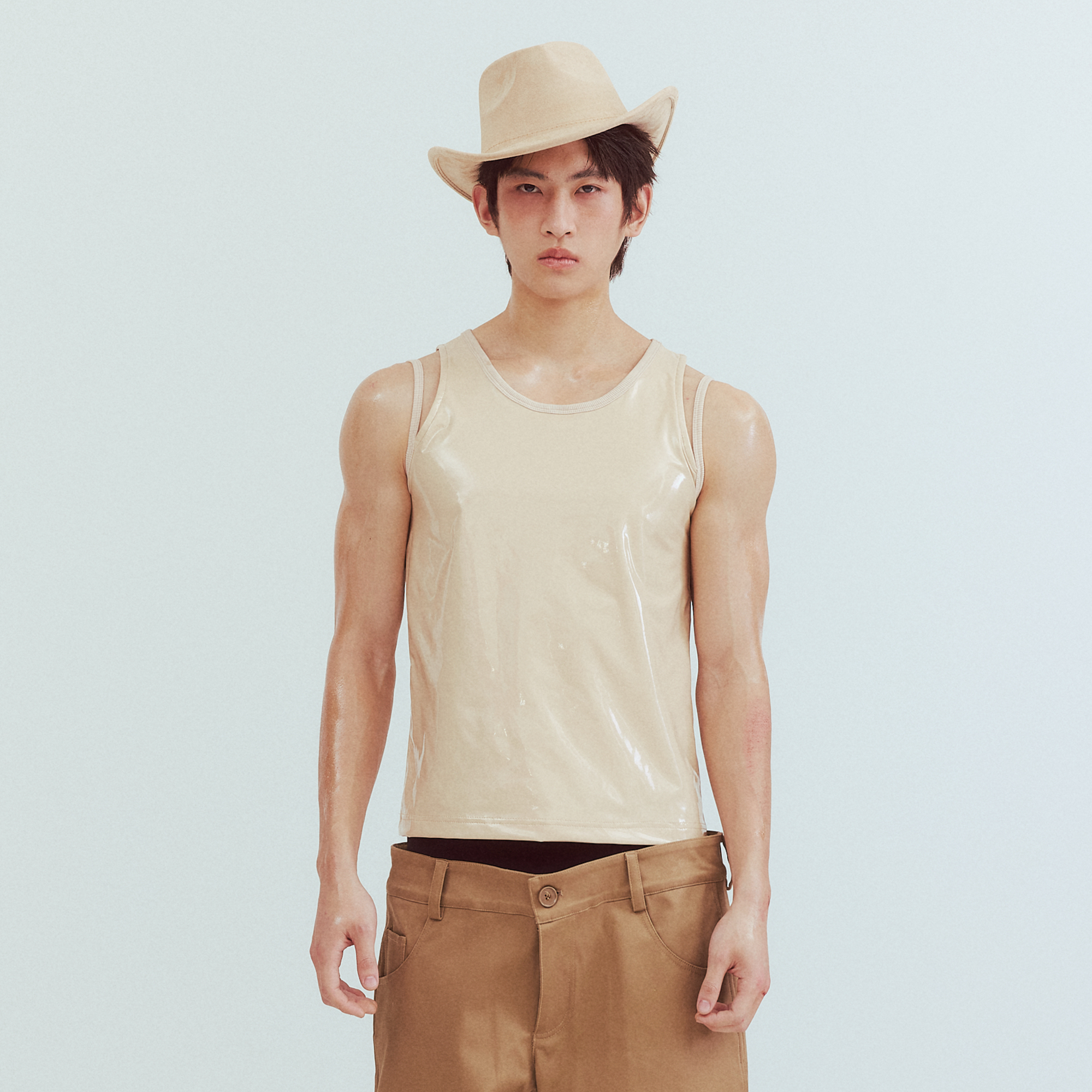 KADAKADA Patent Shine Layered Strap Ribbed Tank Top-Tank Top-M (Preorder)-Khaki-Free Shipping Leatheretro