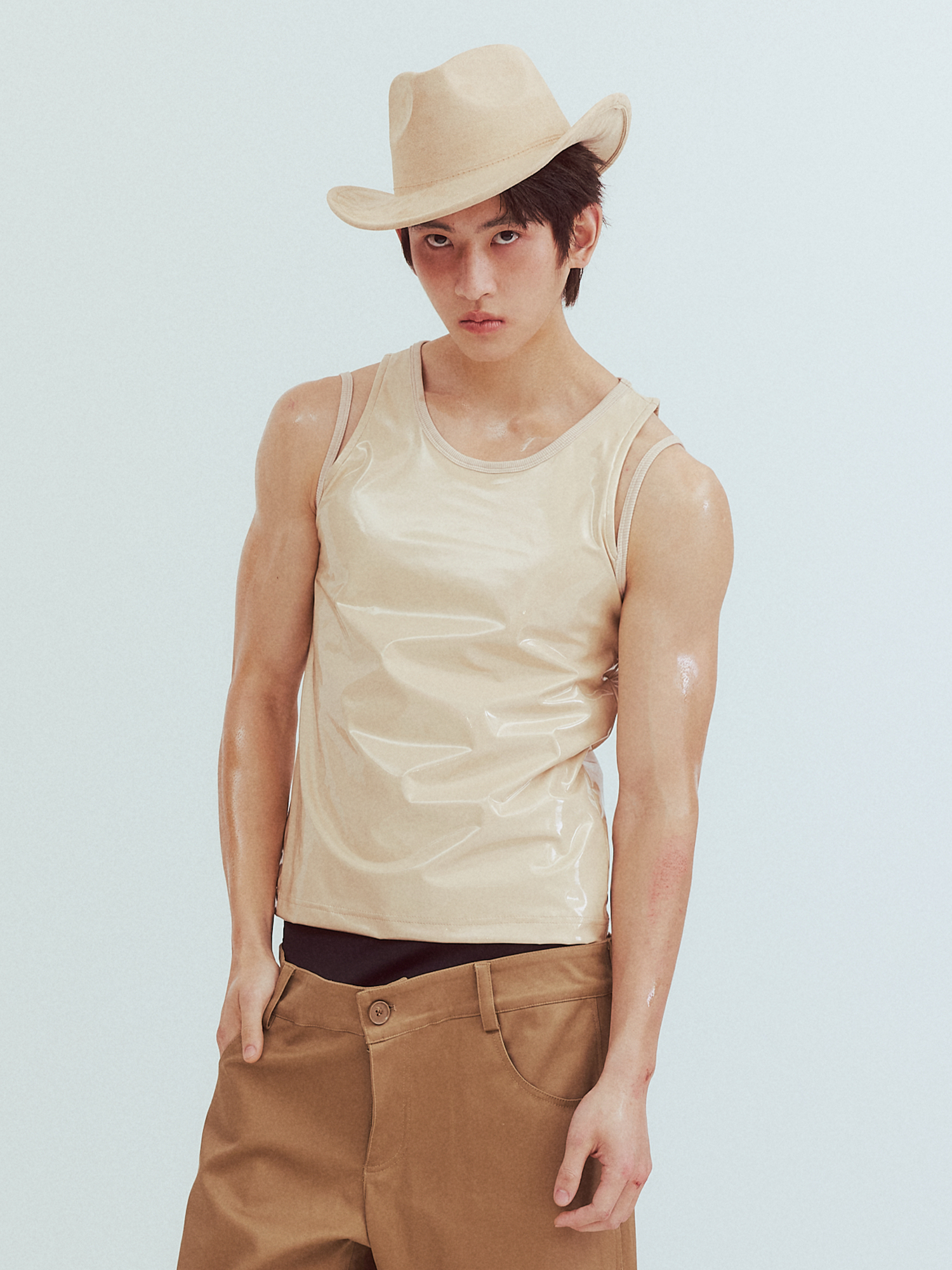 KADAKADA Patent Shine Layered Strap Ribbed Tank Top-Tank Top-M (Preorder)-Khaki-Free Shipping Leatheretro