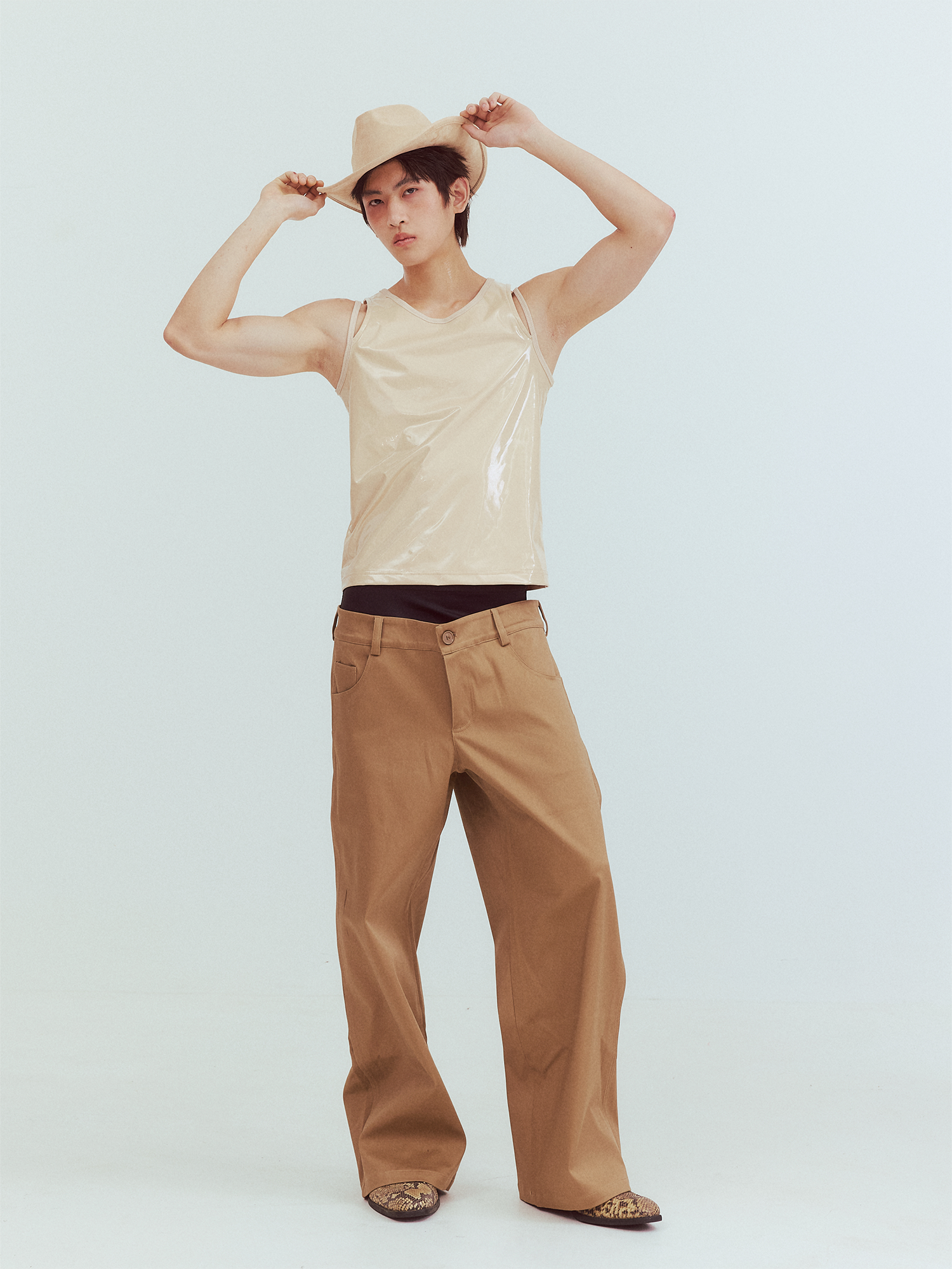 KADAKADA Patent Shine Layered Strap Ribbed Tank Top-Tank Top-M (Preorder)-Khaki-Free Shipping Leatheretro