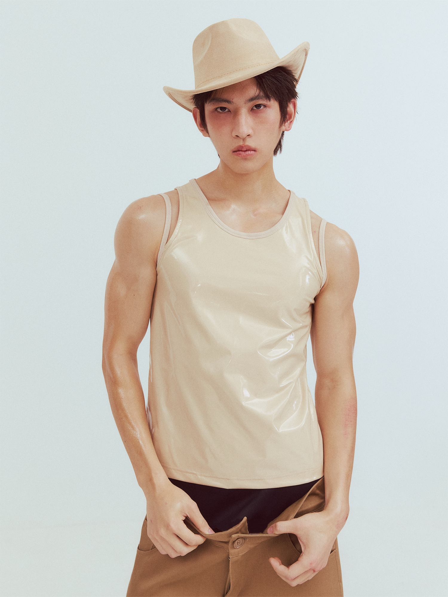KADAKADA Patent Shine Layered Strap Ribbed Tank Top-Tank Top-M (Preorder)-Khaki-Free Shipping Leatheretro