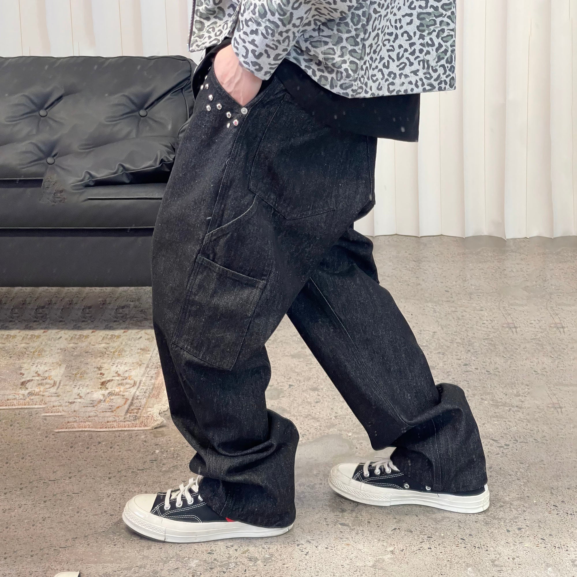 ME DA IGUAL Studded Wide-Leg Denim Pants-Jeans-M-Free Shipping Leatheretro