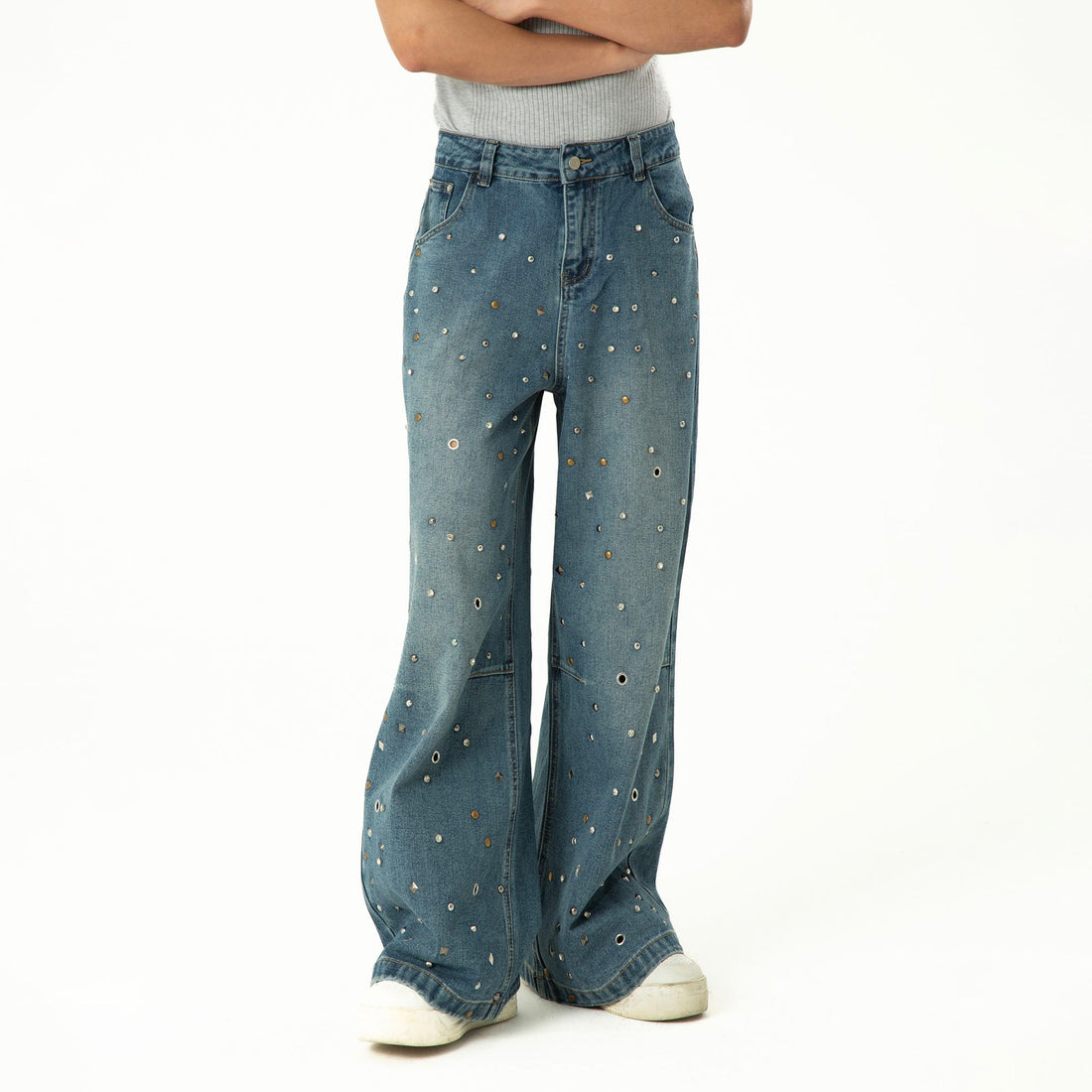 CLP Diamond Studded Wide-Leg Jeans-Jeans-M-Free Shipping Leatheretro