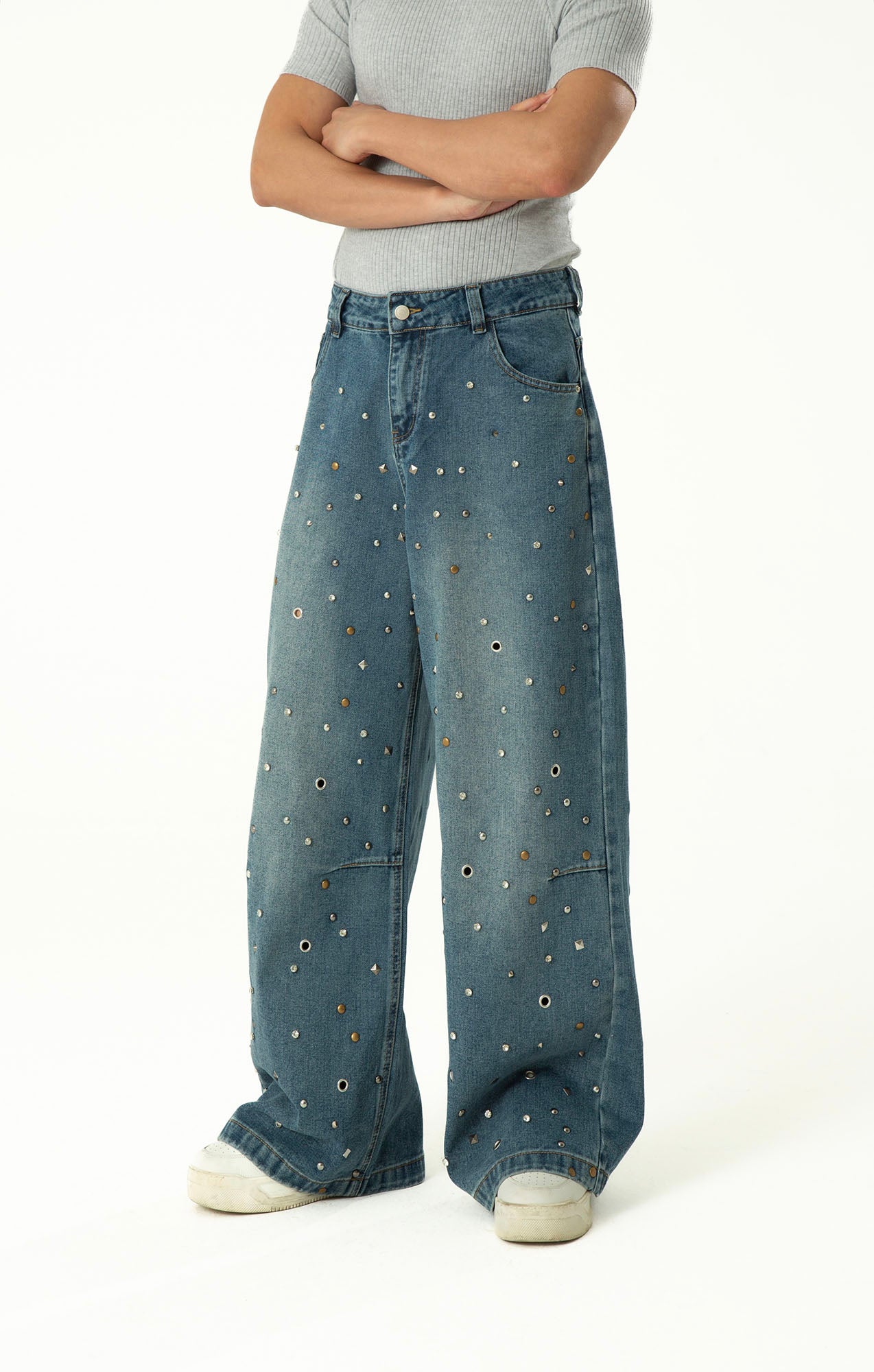 CLP Diamond Studded Wide-Leg Jeans-Jeans-M-Free Shipping Leatheretro