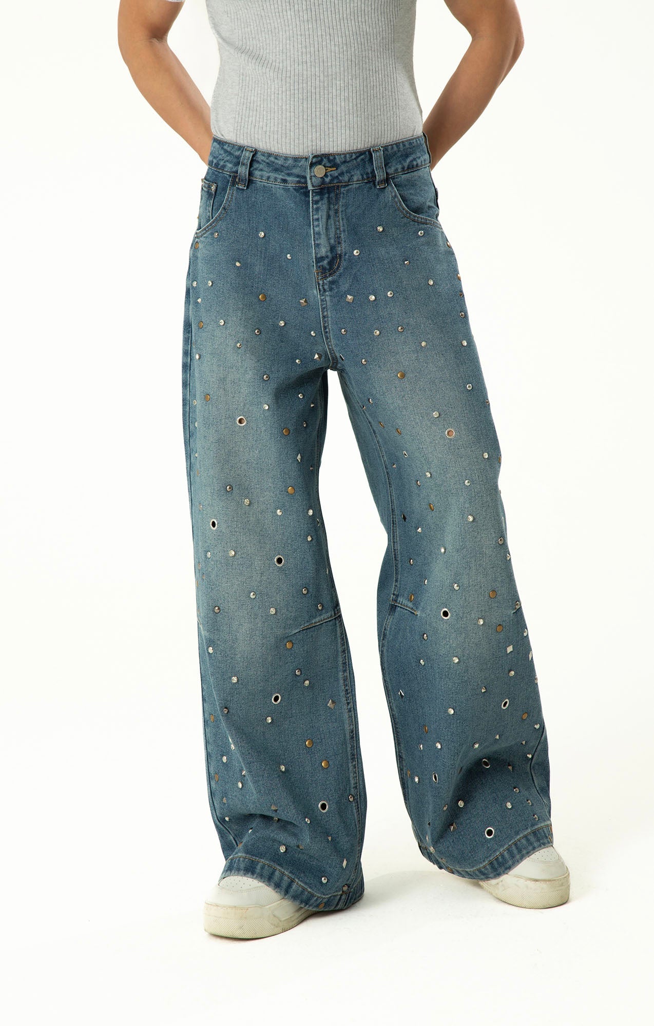 CLP Diamond Studded Wide-Leg Jeans-Jeans-M-Free Shipping Leatheretro