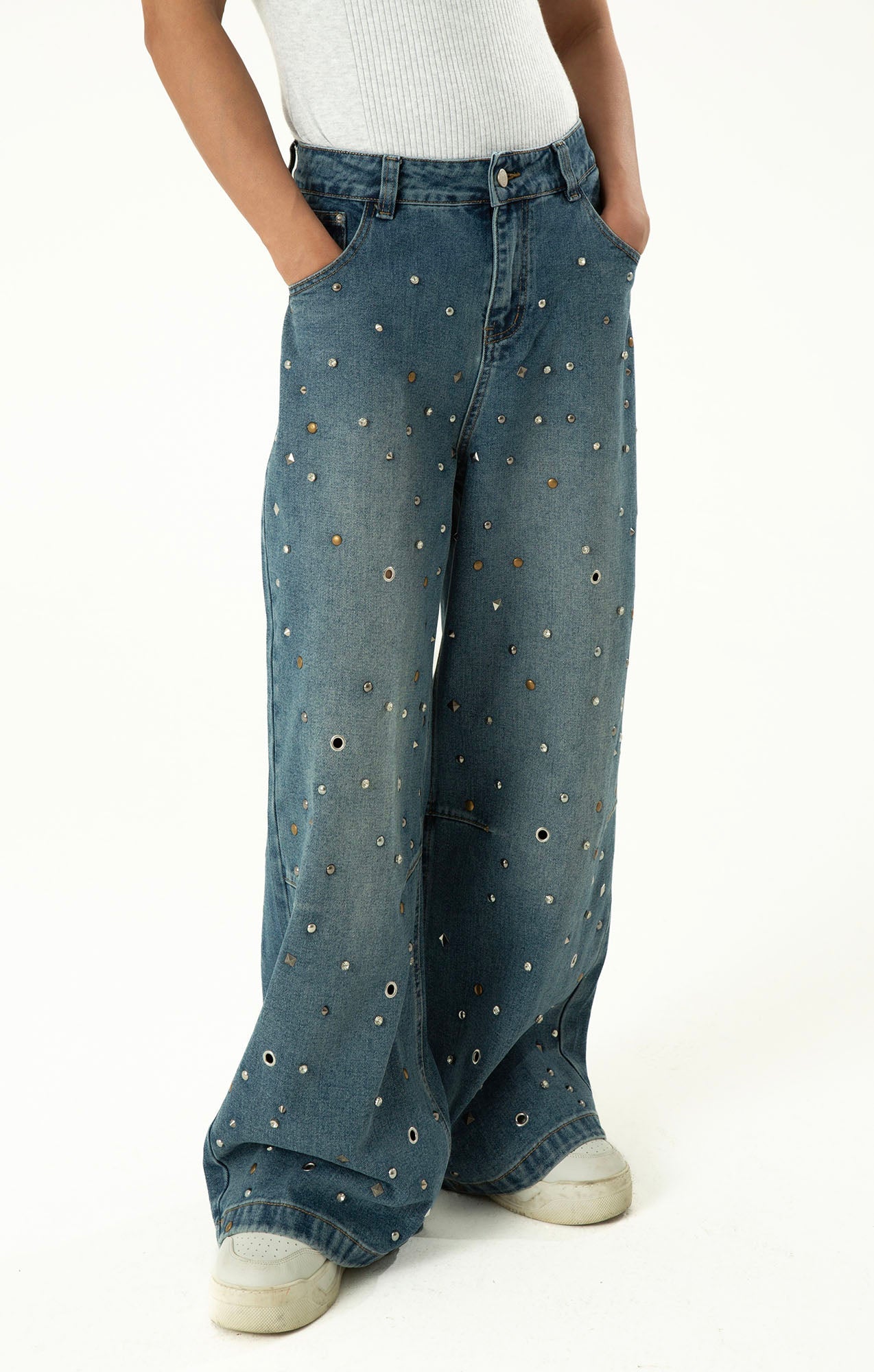 CLP Diamond Studded Wide-Leg Jeans-Jeans-M-Free Shipping Leatheretro