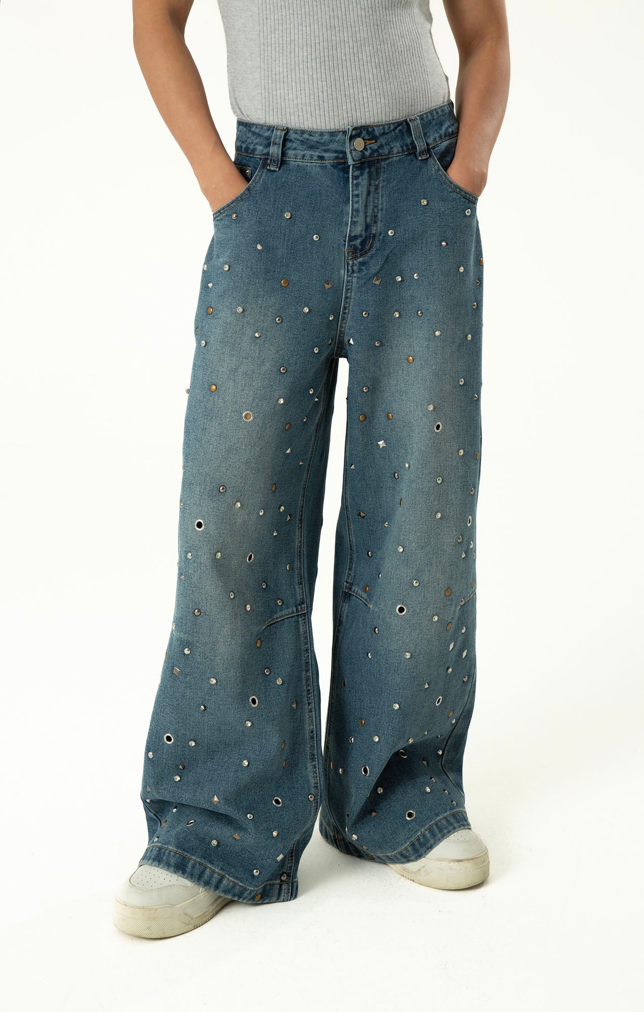 CLP Diamond Studded Wide-Leg Jeans-Jeans-M-Free Shipping Leatheretro
