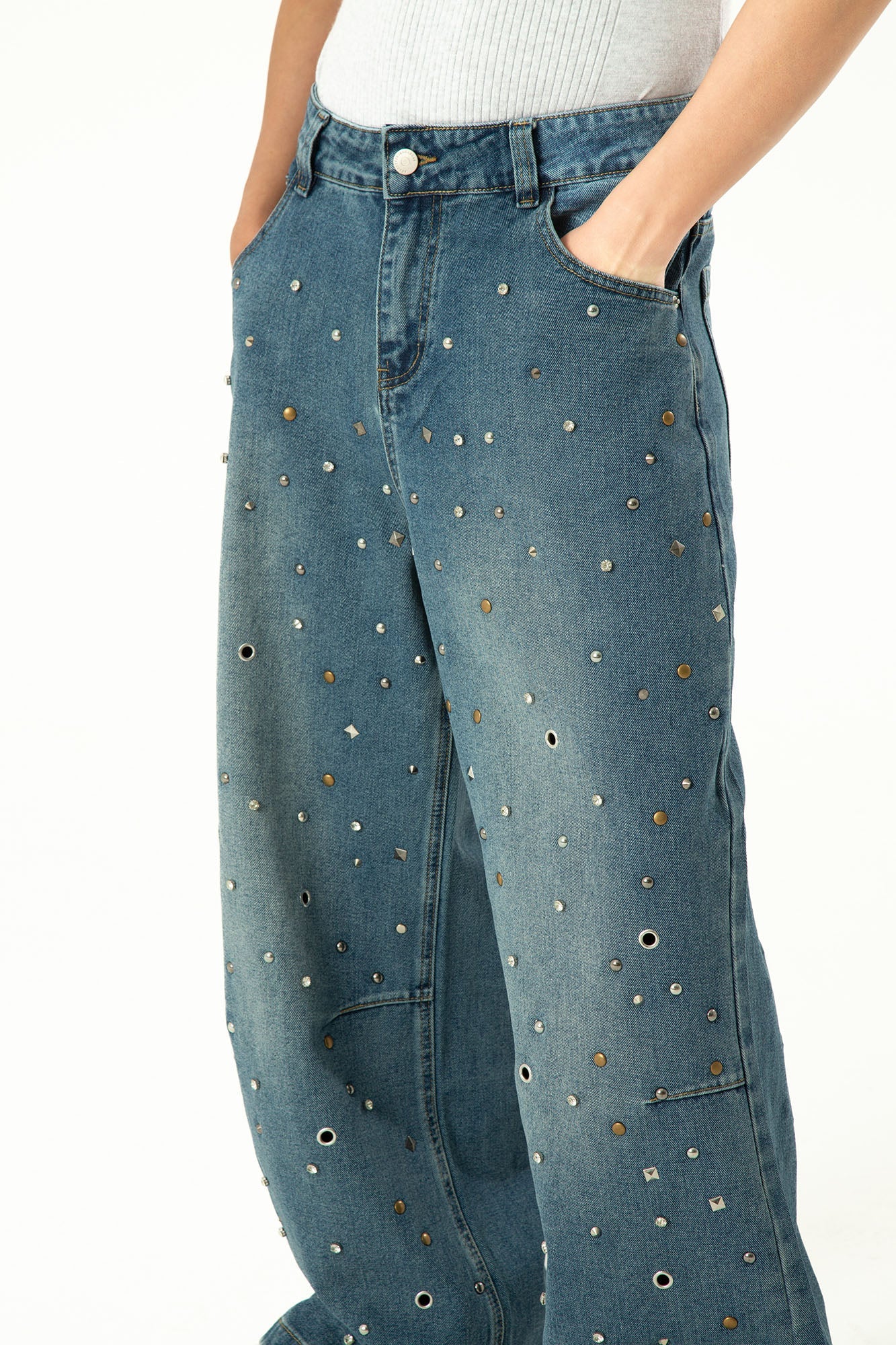 CLP Diamond Studded Wide-Leg Jeans-Jeans-M-Free Shipping Leatheretro